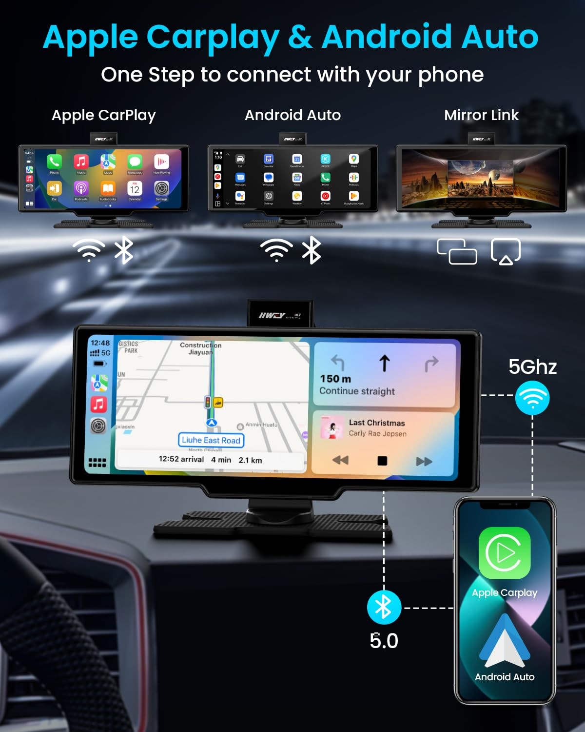 Portable Apple Carplay Screen, 10’’ Car Stereo Wireless Car Play & Android