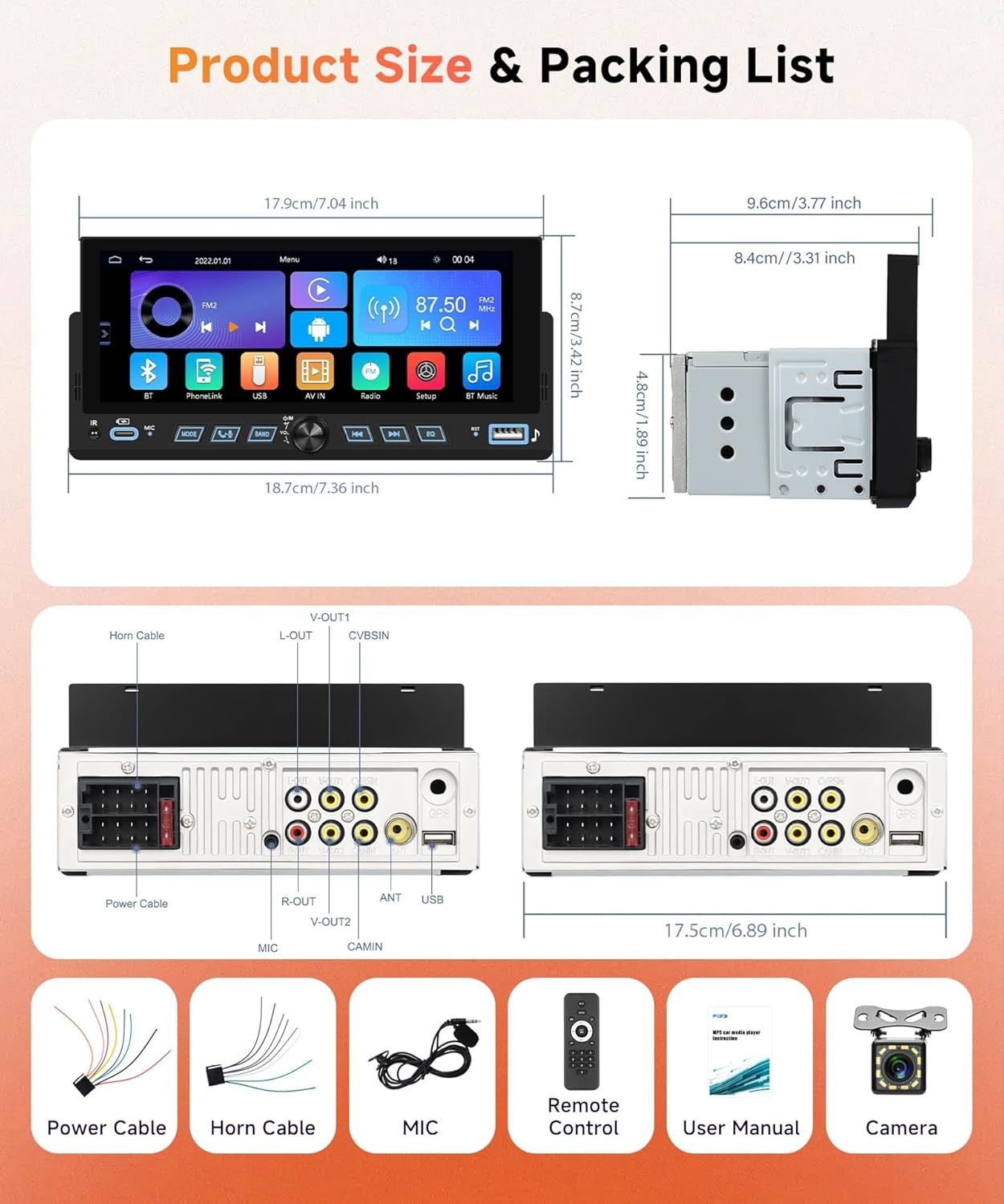 Single Din Car Stereo with Wireless CarPlay and Android Auto, 6.86″ Touchscre…