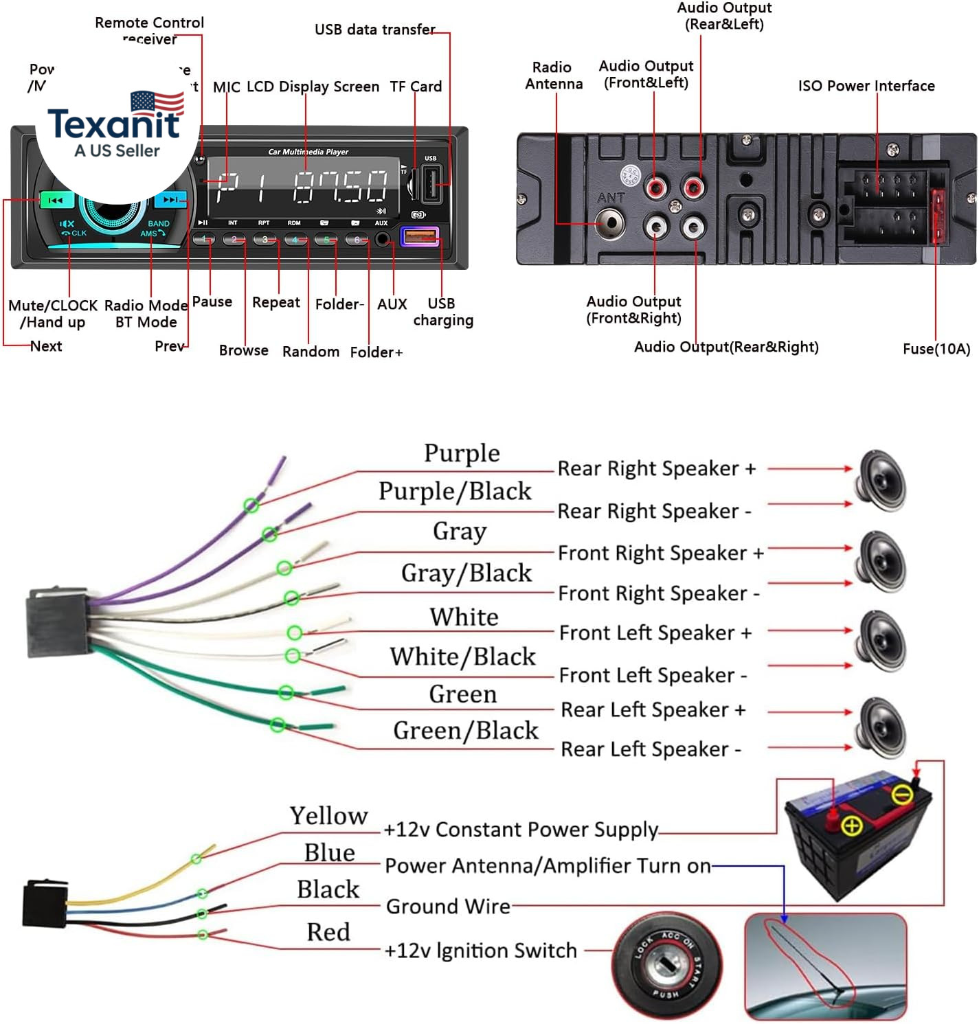Car Stereo Bluetooth Single Din Radio, Car Audio with Push to Talk Assistant, Ha