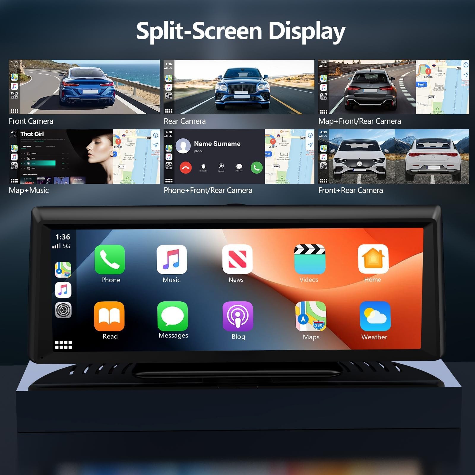 8.1″ Portable Wireless Carplay Screen for Car, 2K Dash Cam & 1080P 8.1 inch