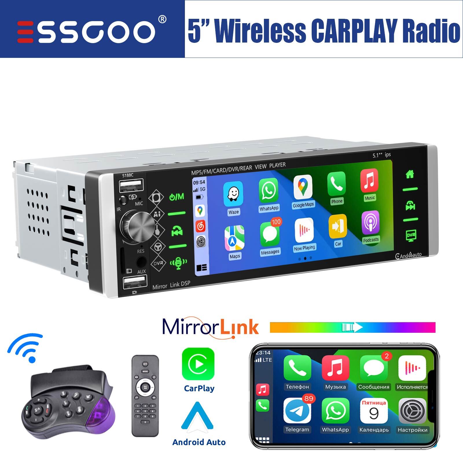 Single 1DIN 5″ Carplay/Android Auto Car Stereo Radio Bluetooth IPS Touch Screen