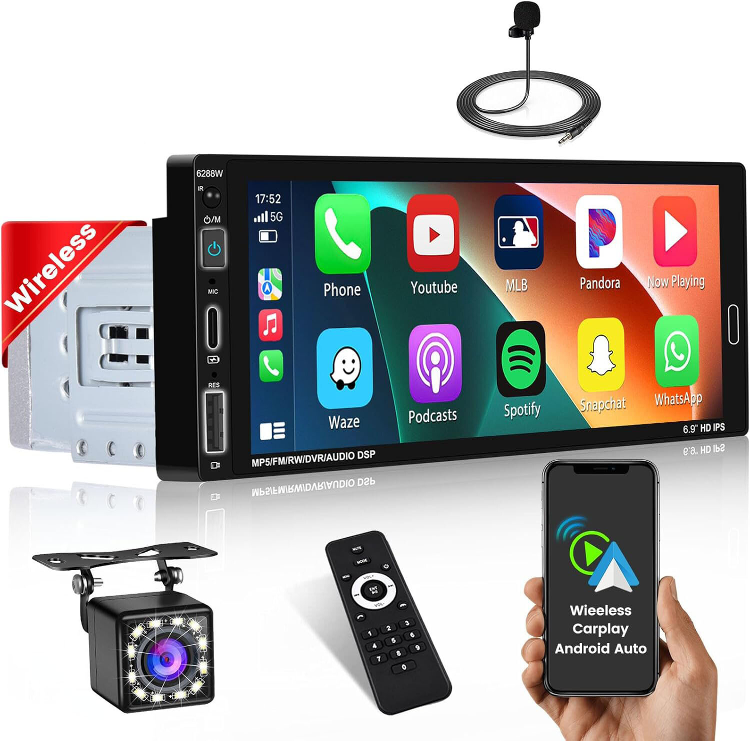 Single DIN 6.9″ Car Stereo Carplay/Android Auto Touch Screen Bluetooth FM Remote