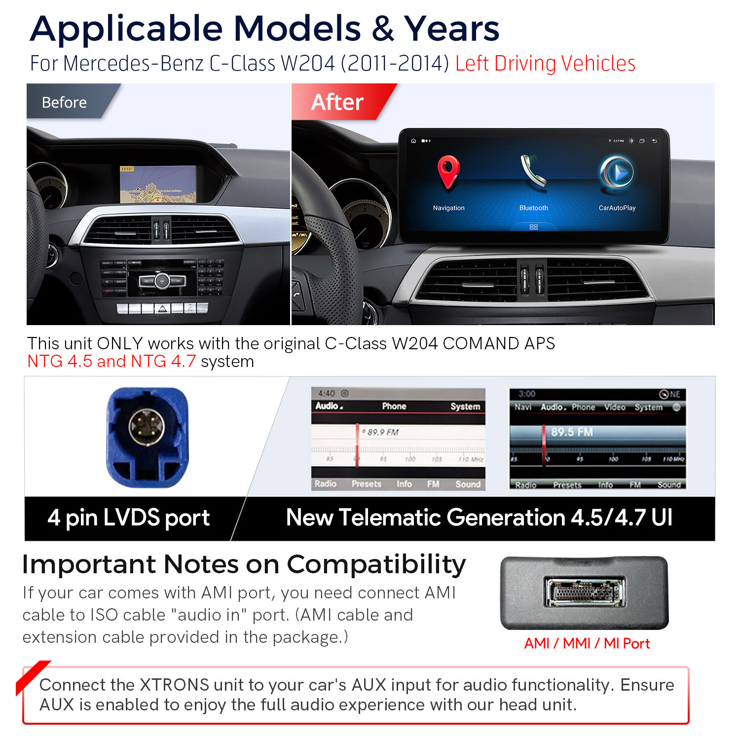 CarPlay 12.3″ IPS Android 13 8-Core 64G Car Stereo GPS Nav For Benz C-Class W204