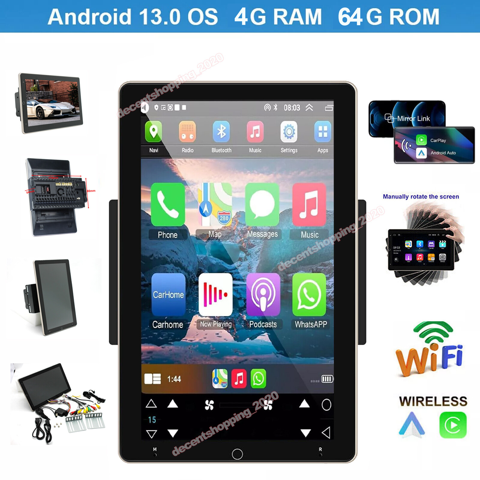 4+64GB Rotatable Car Stereo Radio 2 DIN Android 13 Touch Screen GPS Navi Carplay