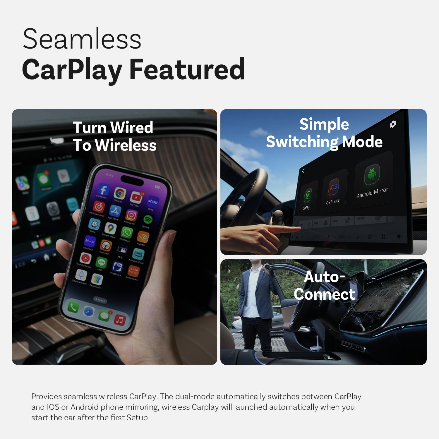 Wireless CarPlay Adapter for iPhone &Android MirrorLink 4K HD Casting 27W Charge