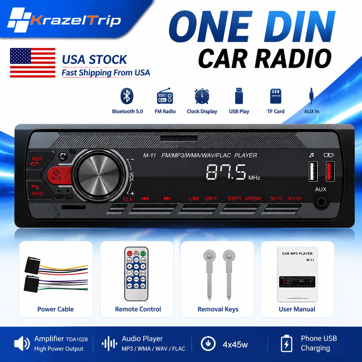 One DIN MP3 Player Radio Car Audio in-Dash Units Bluetooth FM Dual USB BT