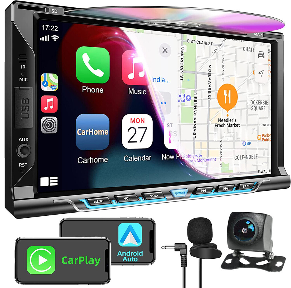 Camera 7” Double 2Din Car Stereo Radio CD DVD Player Bluetooth Wireless CarPlay