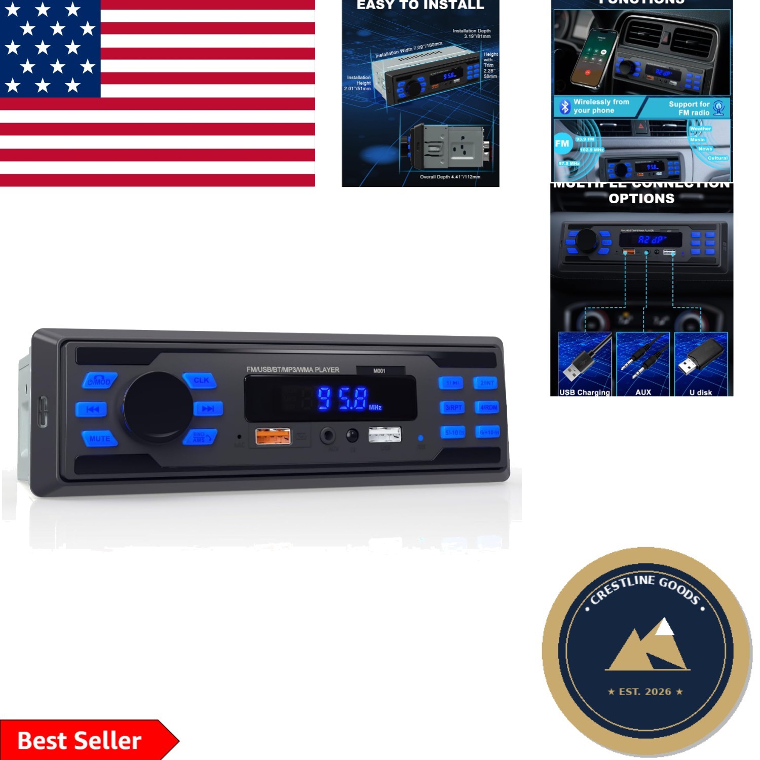 Hands-Free Bluetooth Car Stereo Receiver with USB and AUX Inputs | 40W Power