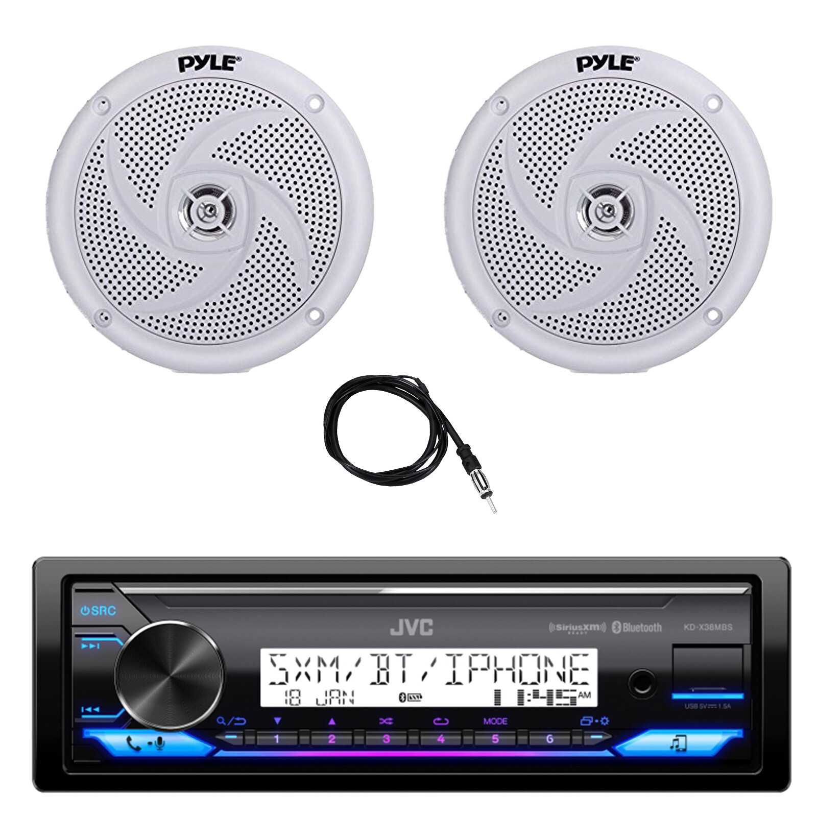 JVC KD-X38MBS Marine Stereo Bluetooth Receiver, 2x 5.25″ 180W Speakers, Antenna