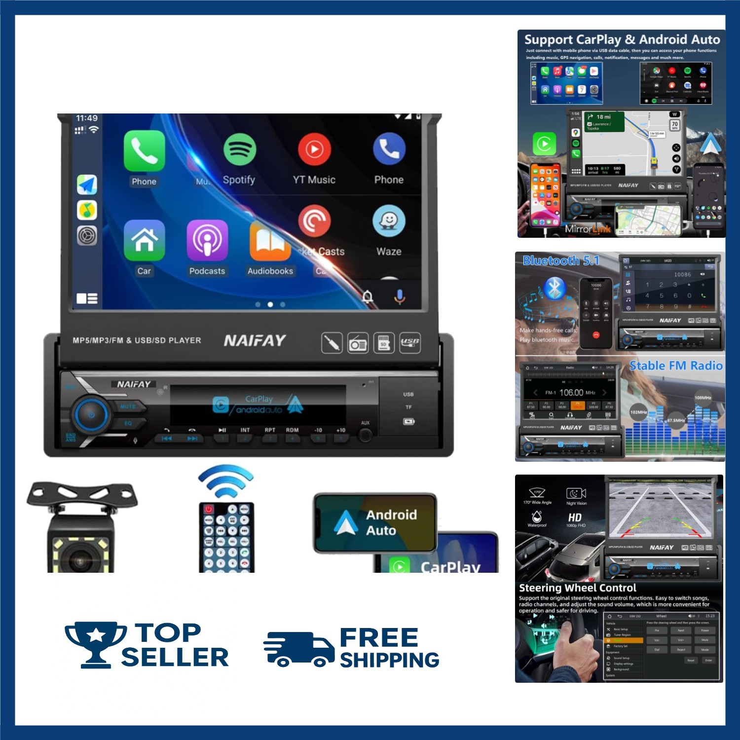 Naifay Single Din Touchscreen Car Stereo with Carplay & Android Auto, 7inch Flip