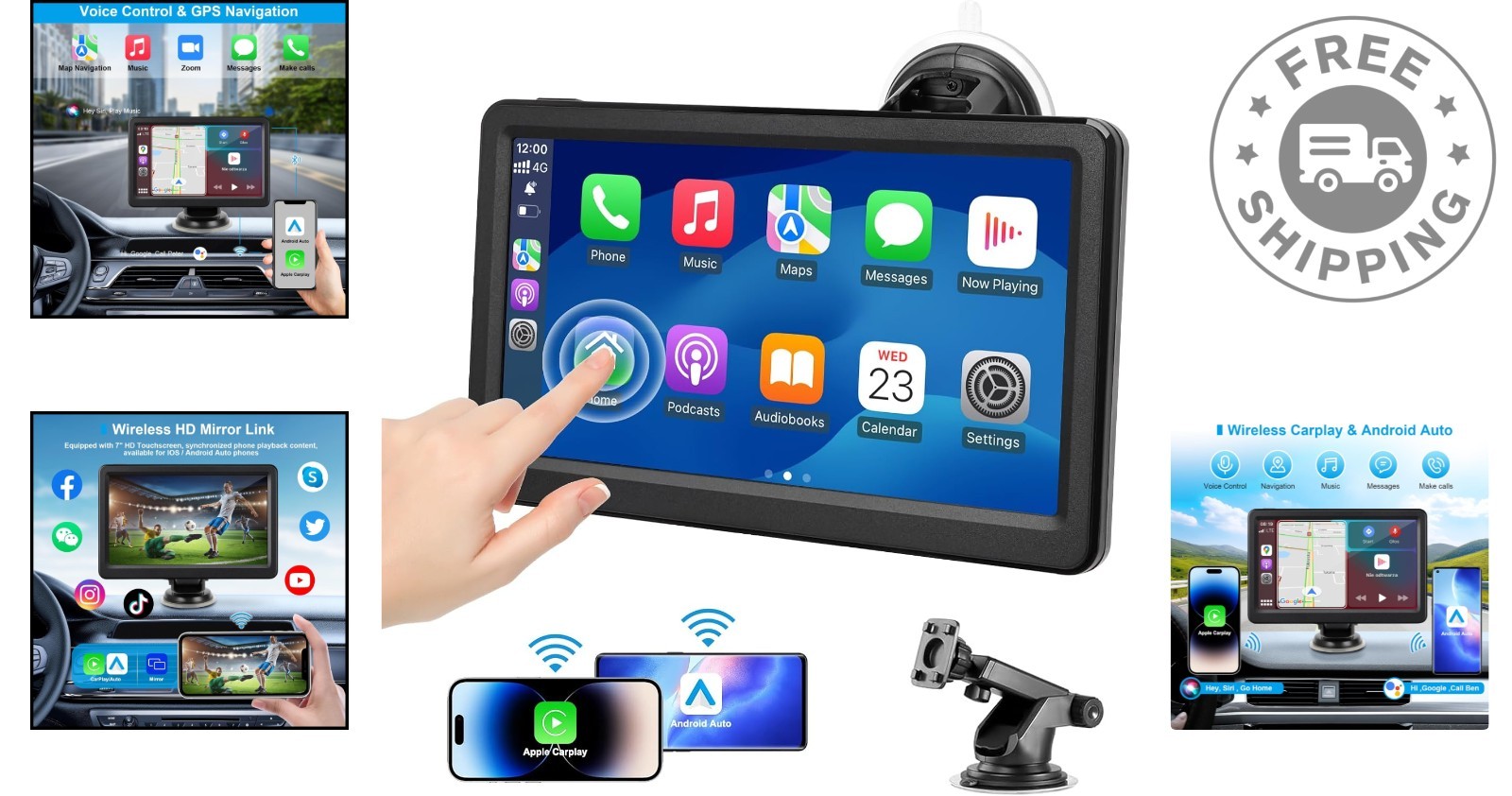 Portable Car Stereo with Bluetooth, AUX & FM – Supports Carplay & Android Auto