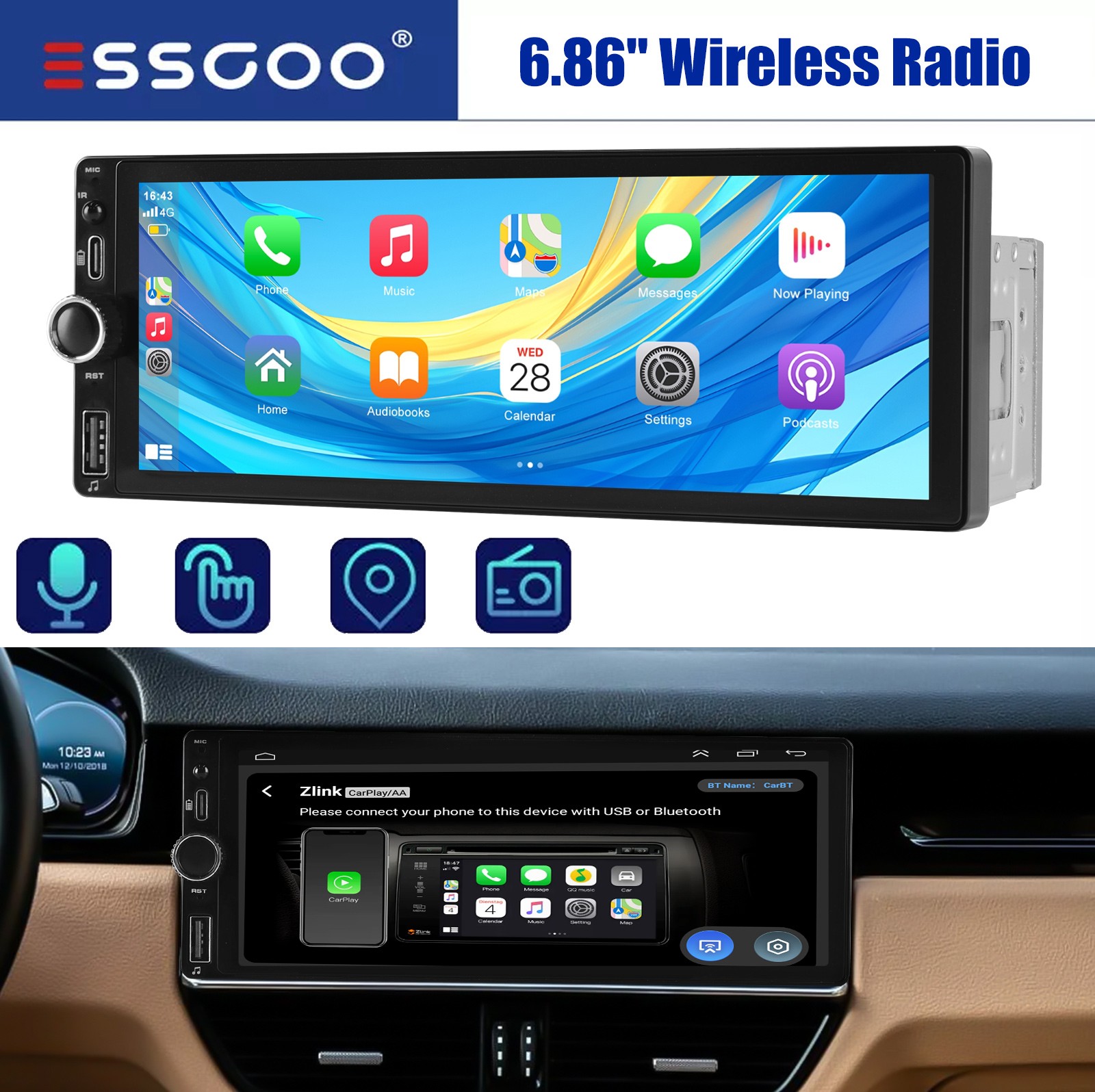 6.86″ Single Din Touchscreen Car Stereo with Wireless Apple Carplay Android Auto