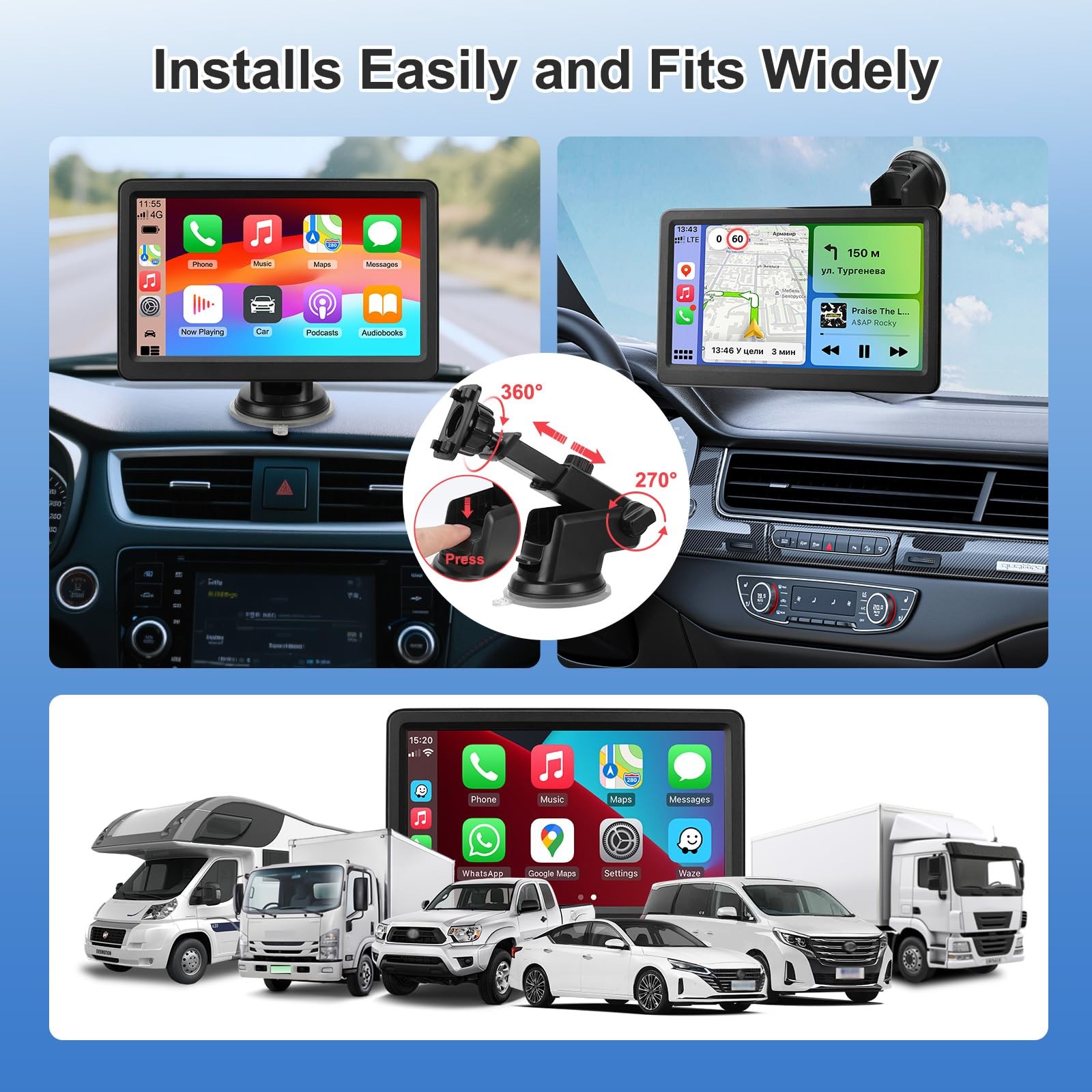 Carplay Screen for Car, 7″ Wireless Carplay & Android Auto, Portable HD