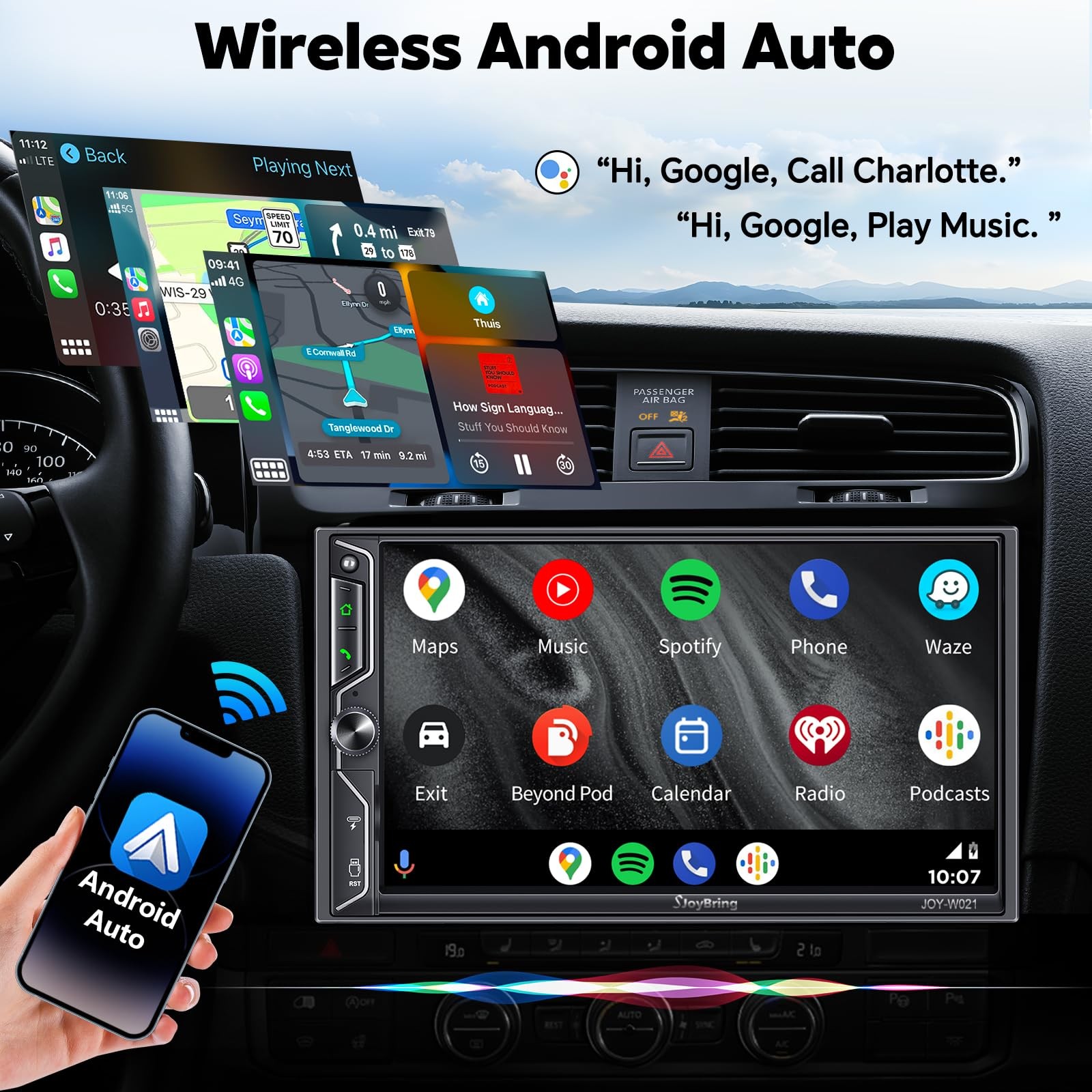 [QLED Screen Upgrade] 7″ Double Din Car Stereo with Wireless Apple CarPlay an…