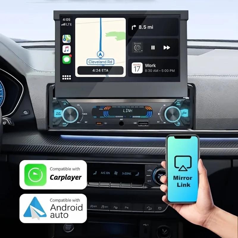 1 Din Car Stereo 7in Touchscreen MP5 Player Wired Carplayer Android Auto, BT