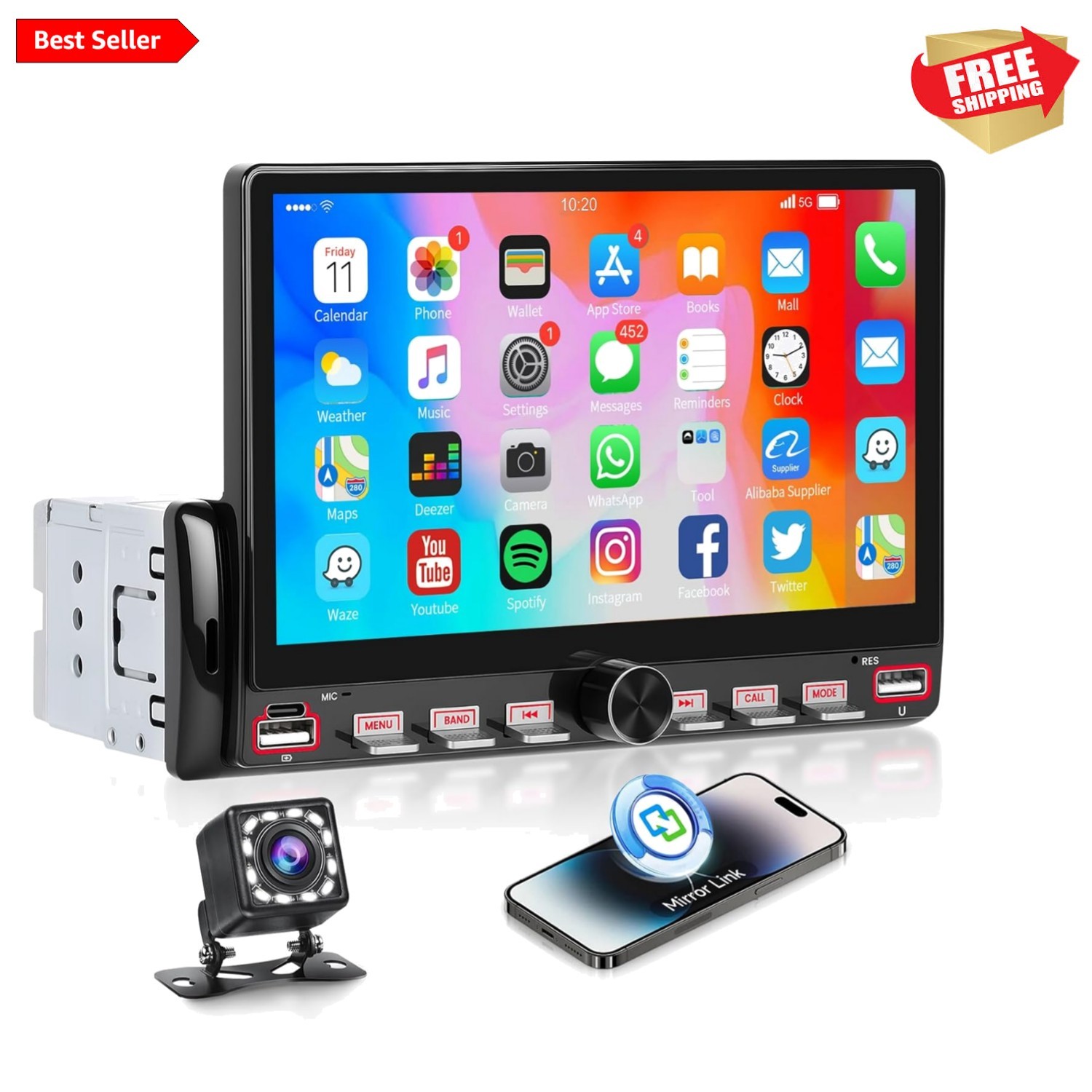 Single Din Touchscreen Car Radio with Bluetooth & Backup Camera Support