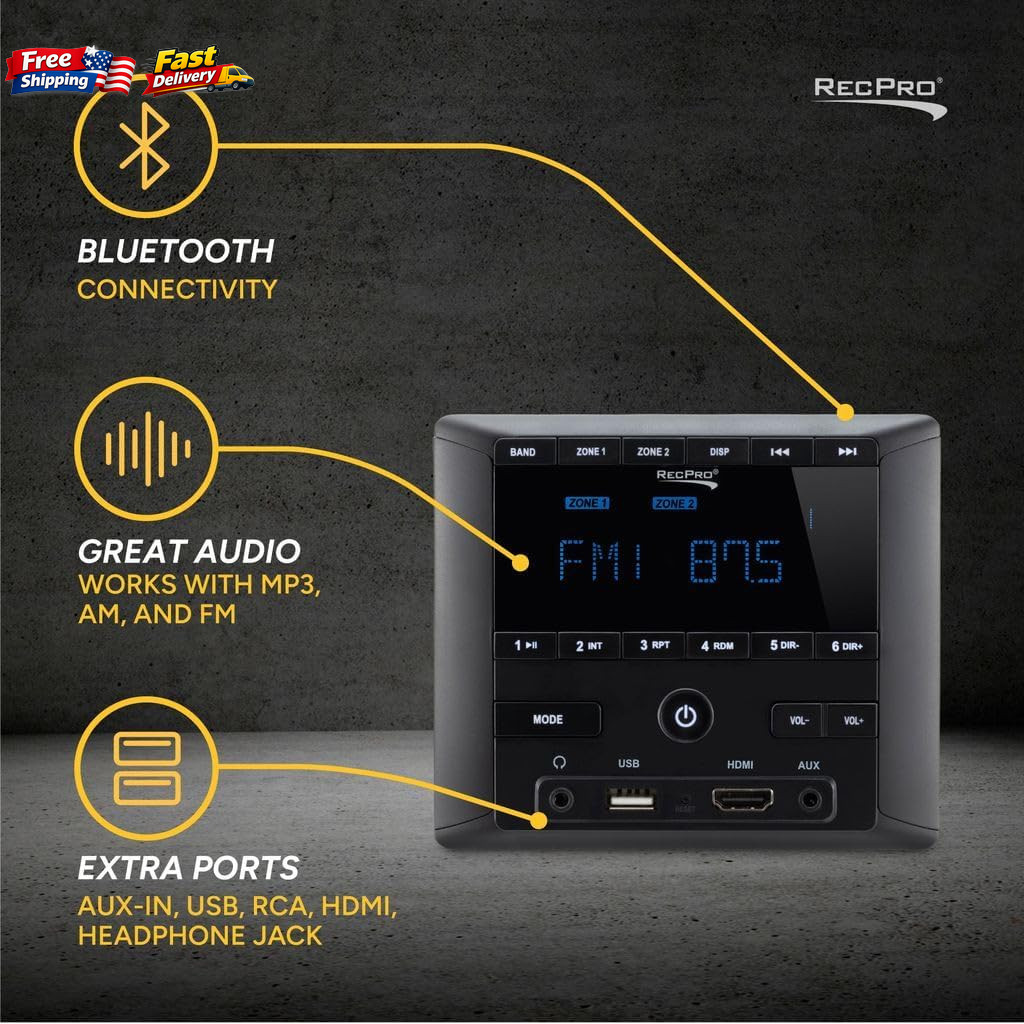 RV Stereo AM/FM Radio with Bluetooth HDMI Aux-in 4-Channel Audio Sound System 1p