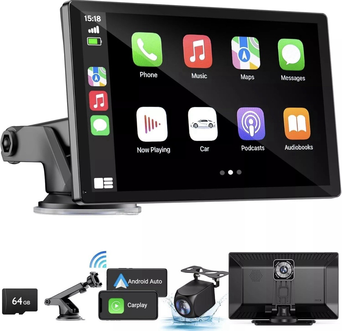 Wireless Carplay Touchscreen 4K Dash Cam, 9″ Portable Apple Carplay Android Auto