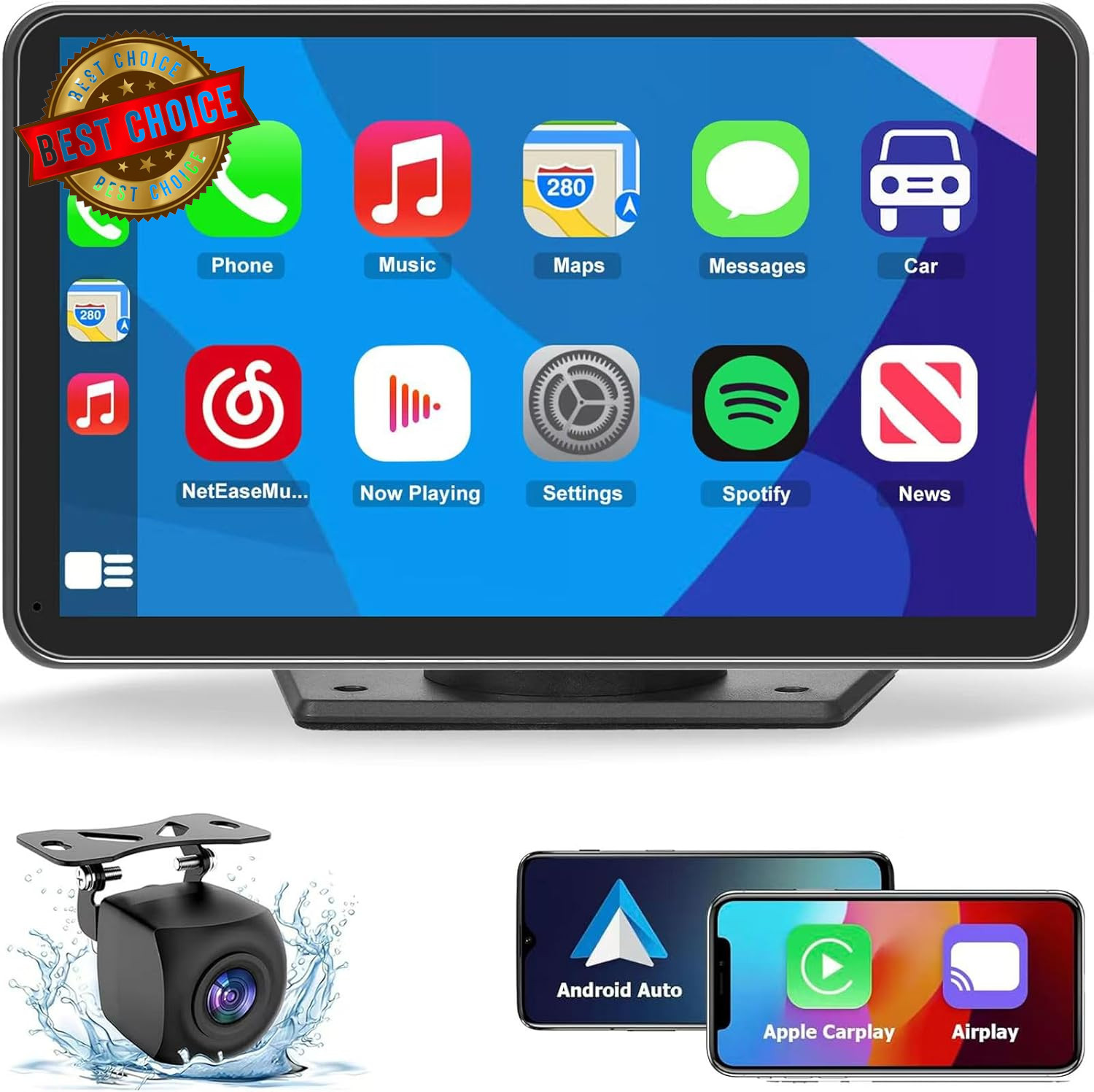 Wireless Carplay Screen for Car, 7″ HD Portable Stereo Touchscreen with Apple Ca