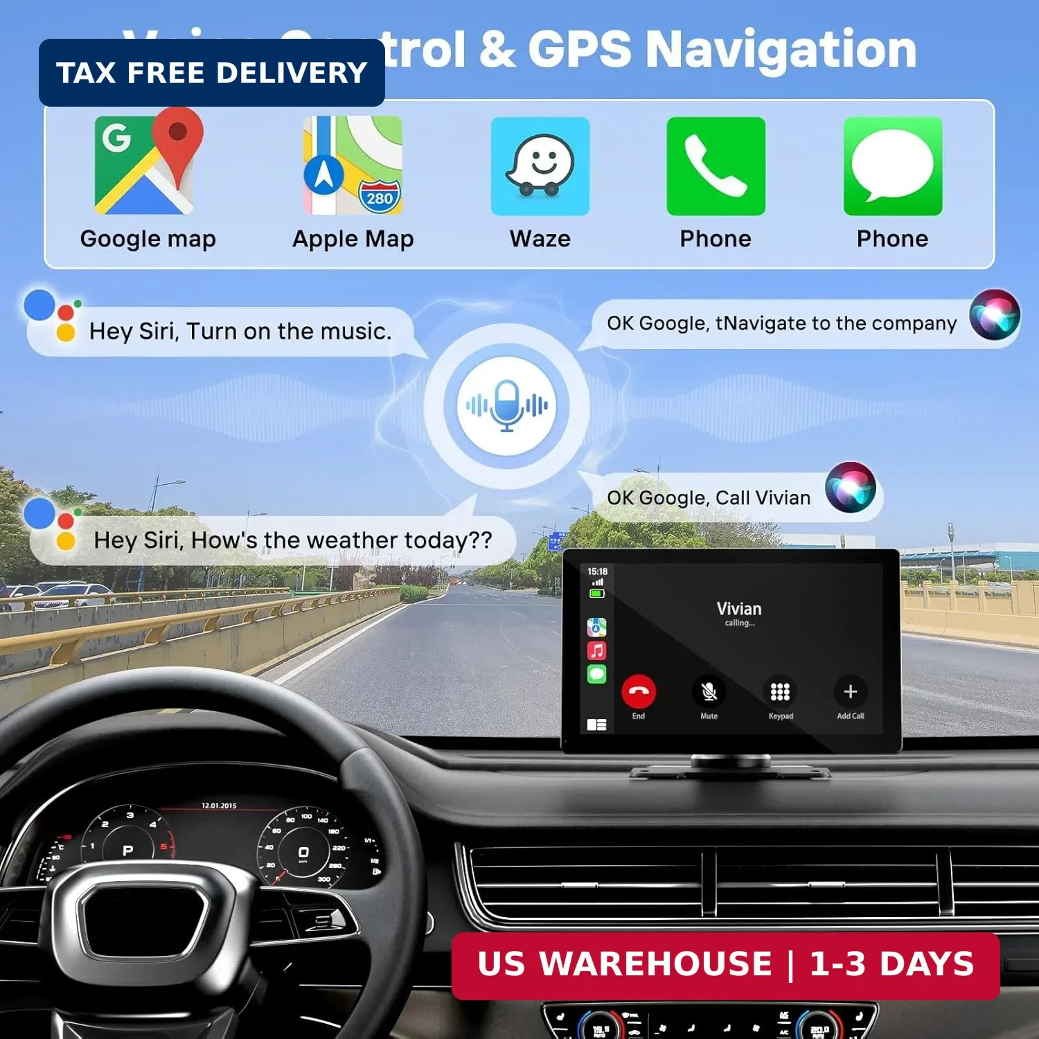 9″ Wireless Apple Carplay Screen for Car Portable Android Auto Touchscreen GPS