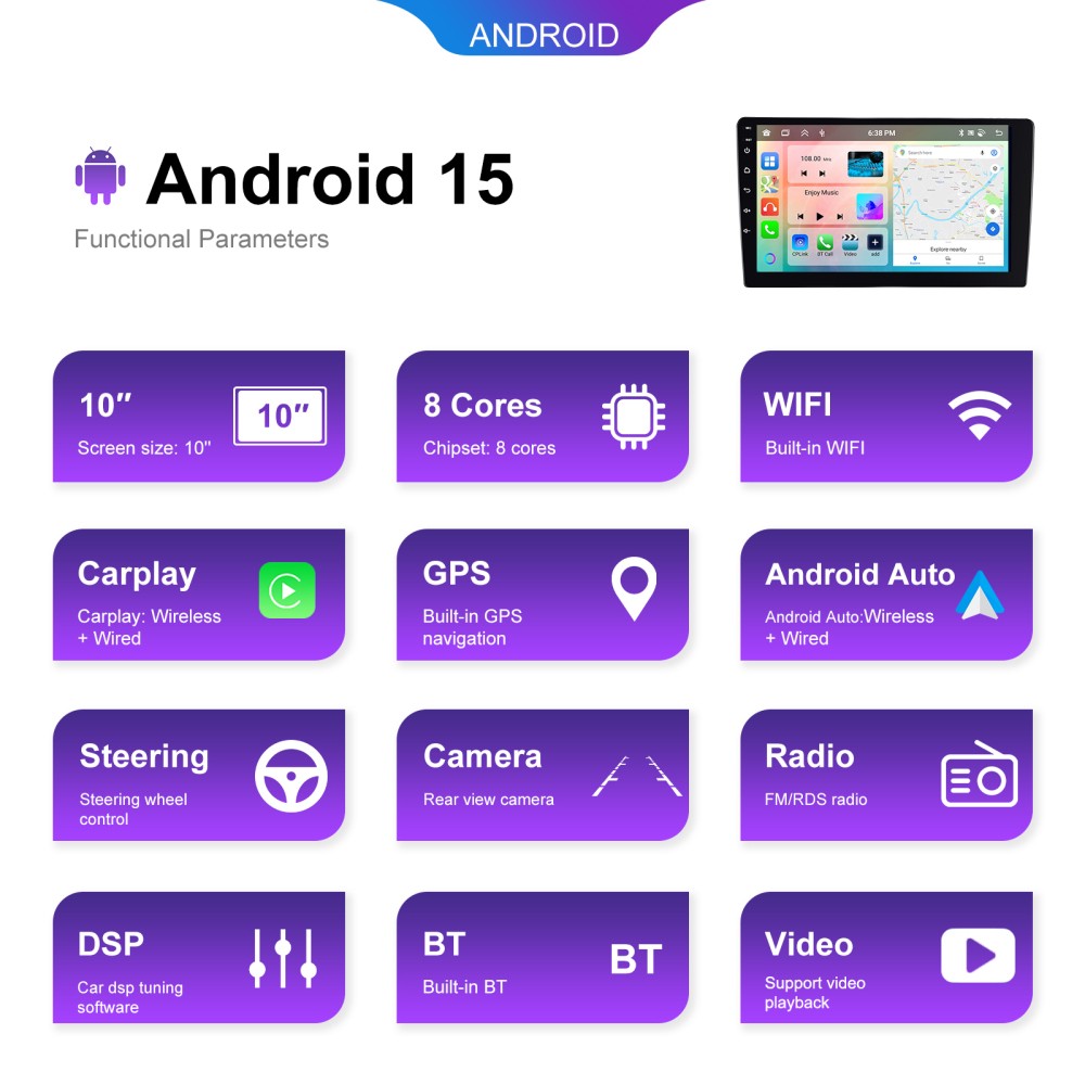 6G+128G 8 Core 2 Din CarPlay Car Stereo Radio Android 15.0 GPS Navi DSP WIFI IPS