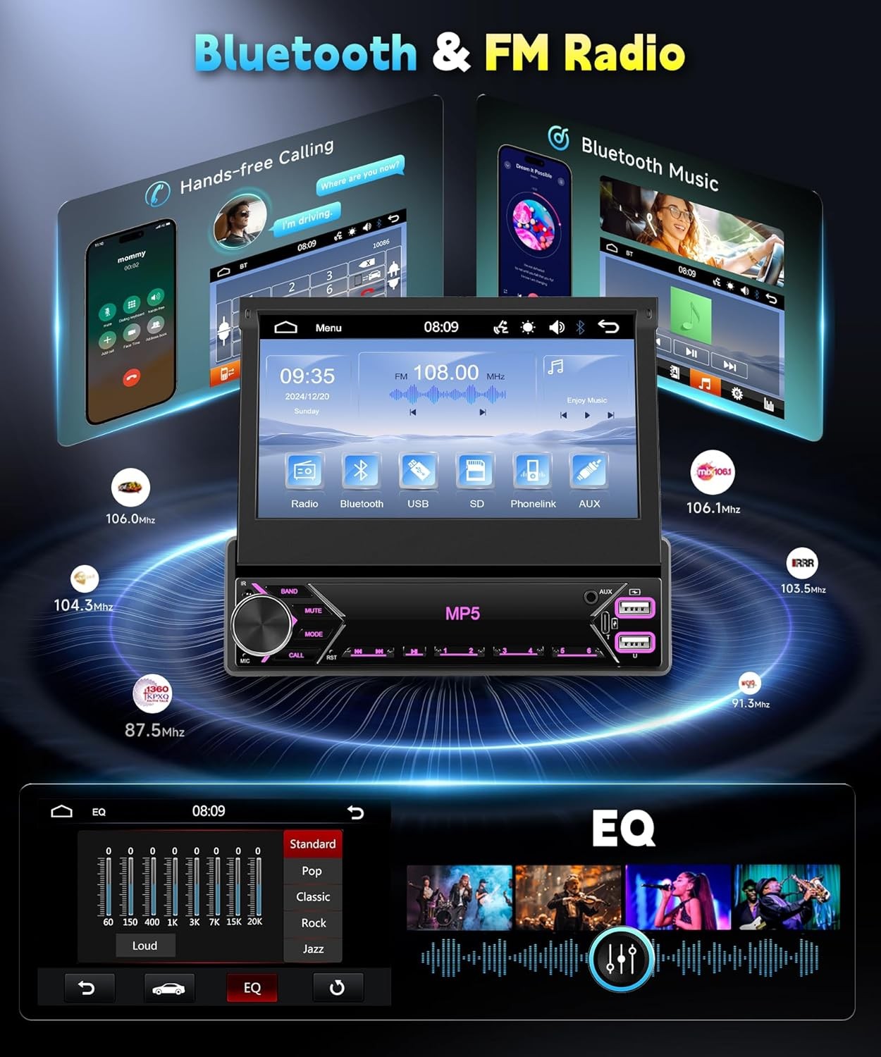 Radio estéreo para coche 1 DIN, pantalla táctil abatible, reproductor MP5,USB,BT