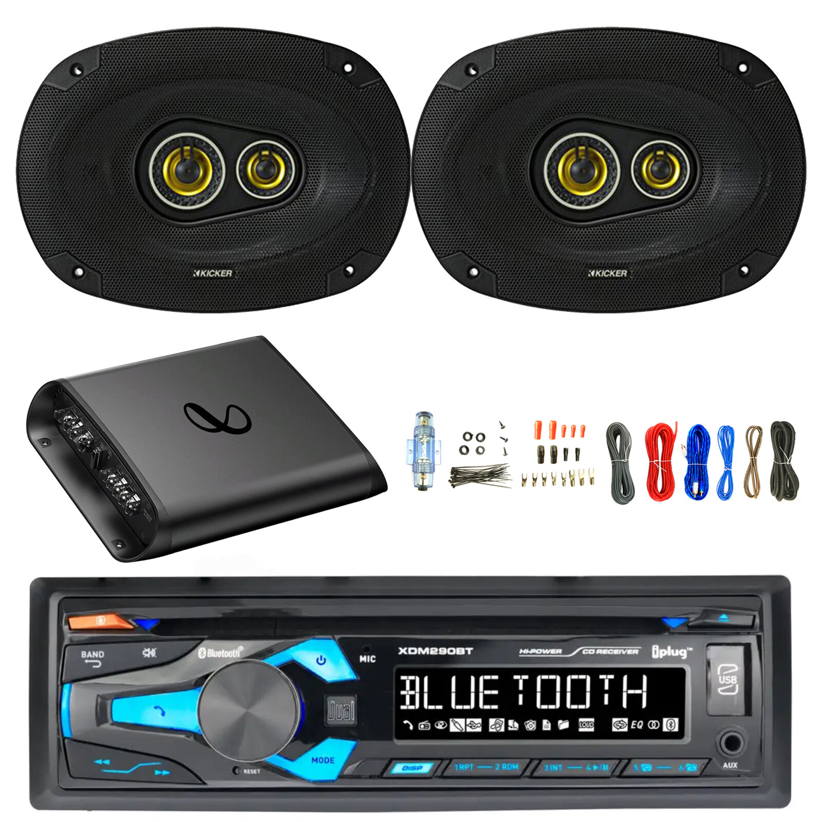 In-Dash AUX USB Bluetooth AM/FM CD Receiver, 2x 6×9″ 450W Car Speaker, Amp w/Kit