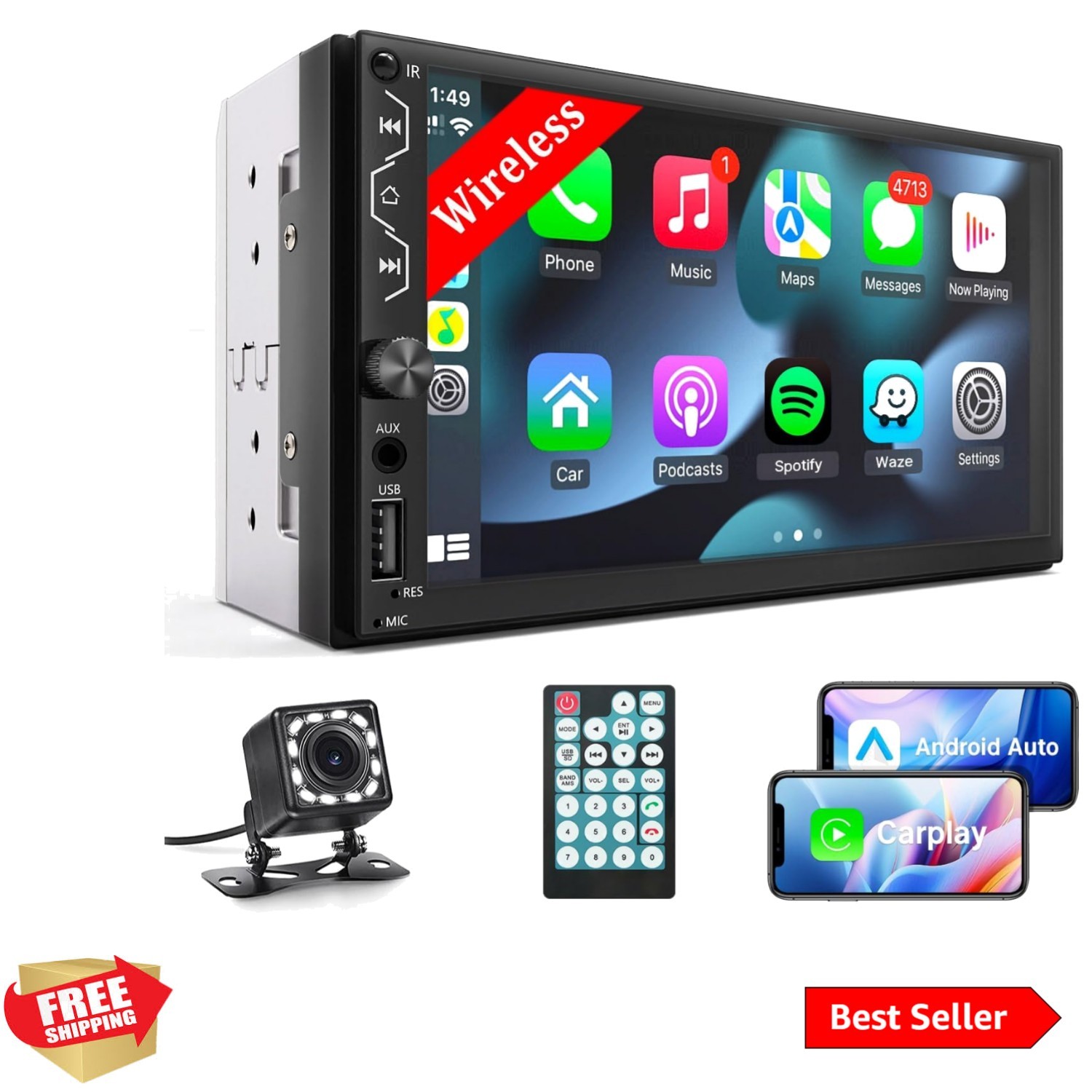 Double Din Car Stereo with Wireless Carplay and Wireless Android Auto,7 Inch …