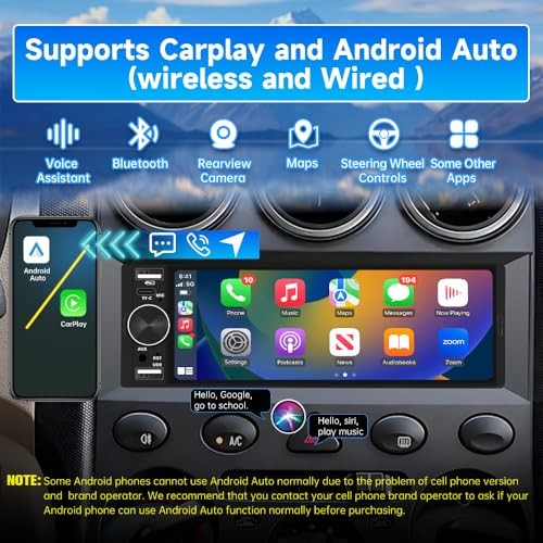 Single Din Car Stereo Universal, 6.36 Inch CarPlay & Android Auto IPS Black