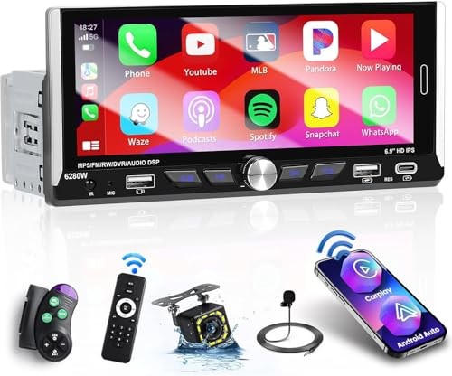 6.9 Inch Car Stereo Single Din Wireless Carplay Android Auto, Touch Screen