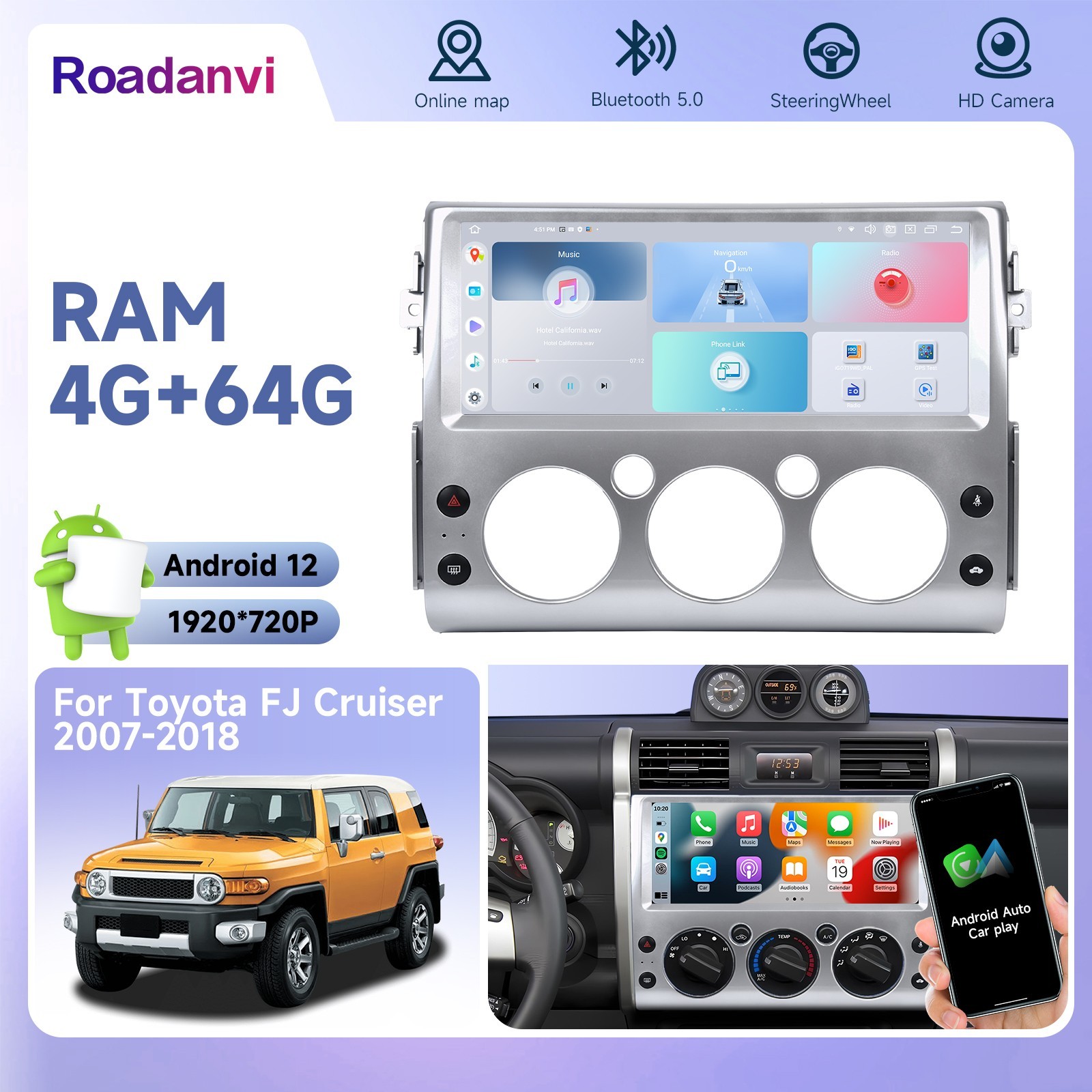 Roadanvi Android 12 Car Stereo for Toyota FJ Cruiser 2007-2018 CarPlay Radio GPS