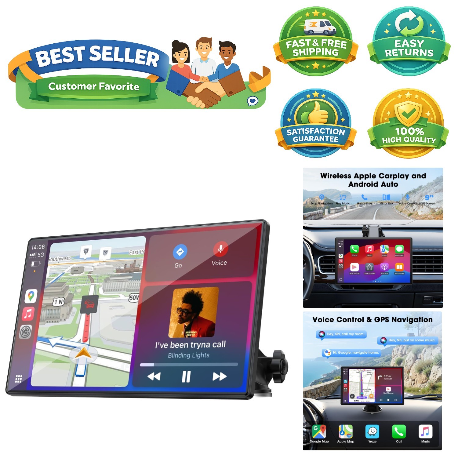 9” Wireless CarPlay & Android Auto Screen – HD Touchscreen Upgrade for Cars