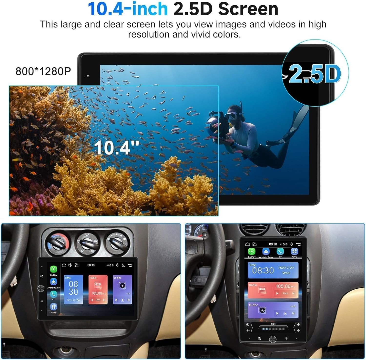 10.4″ Single Din Radio Car Stereo with Wireless CarPlay & Android Auto, Rotat…