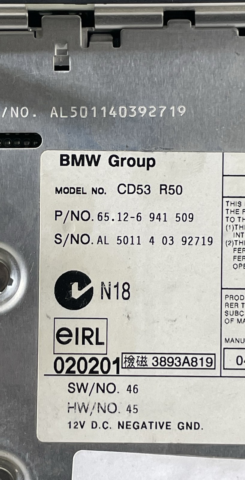 BMW Mini Cooper CD53 R50 Radio CD Player 65126941509 Alpine