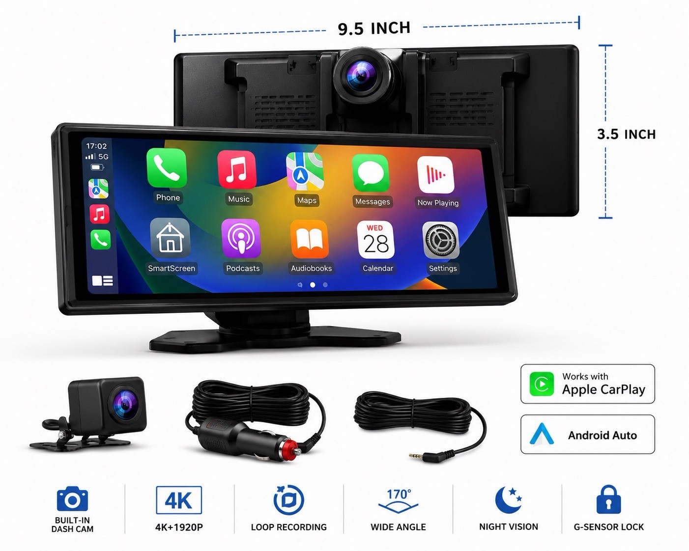 9,5″ Car Stereo Wireless Apple CarPlay Auto Radio FM Touch Screen DVR – Dashcam