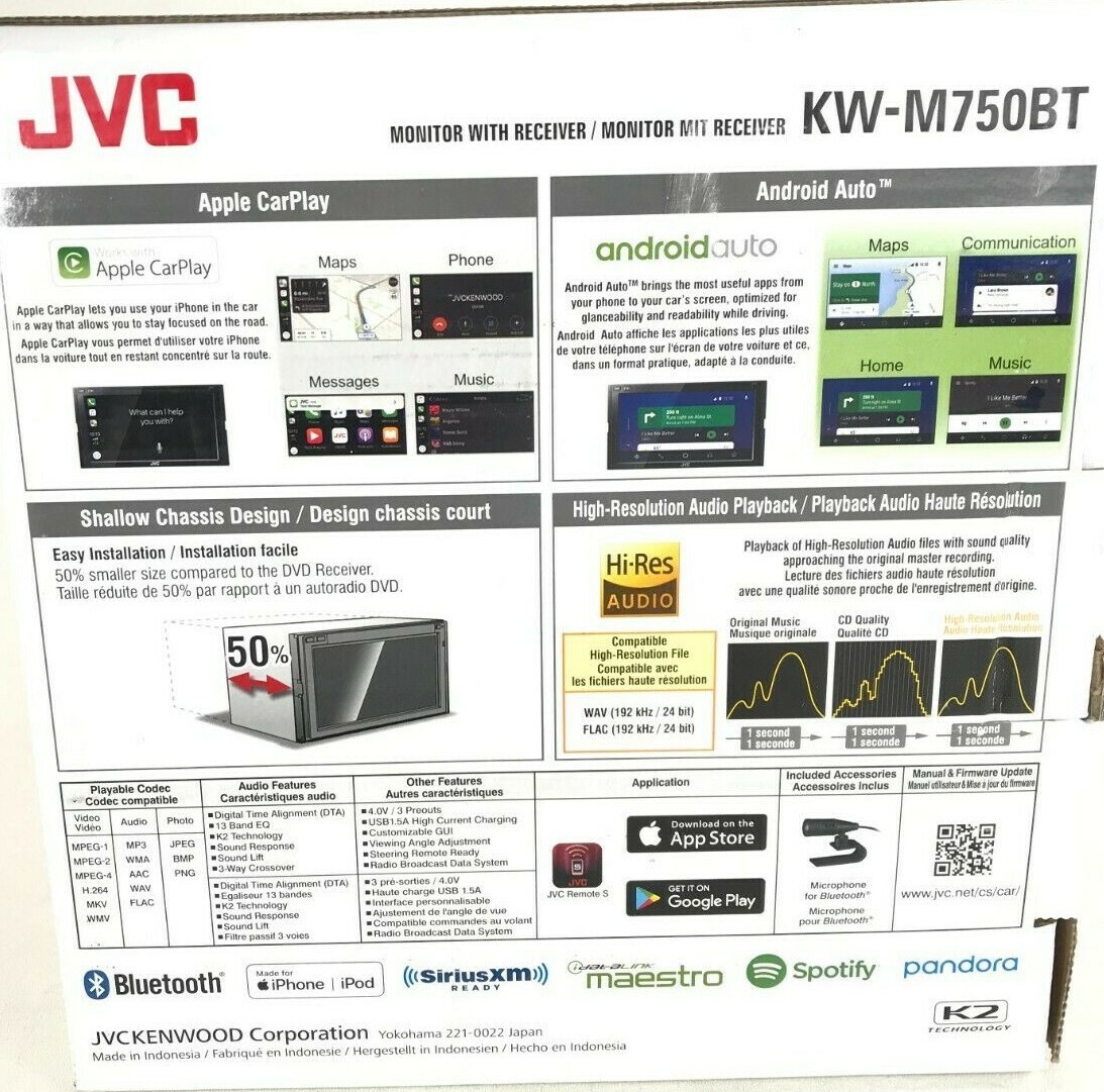 JVC KW-M750BT Android Auto Apple CarPlay iPhone Pandora XM Bluetooth Media 6.8″