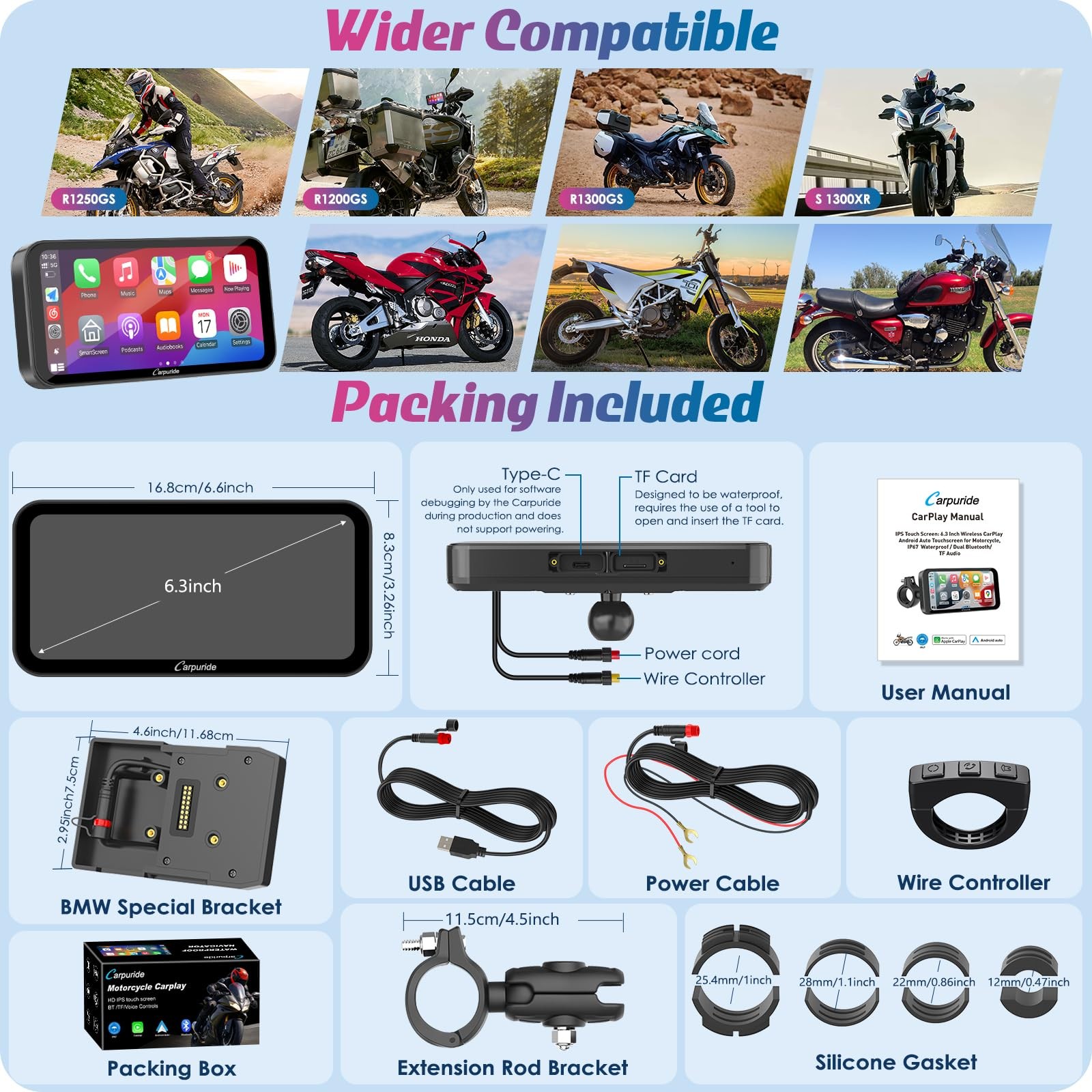 Carpuride W603B Motorcycle Carplay Screen for BMW R1200GS R1250GS S1000XR Mot…