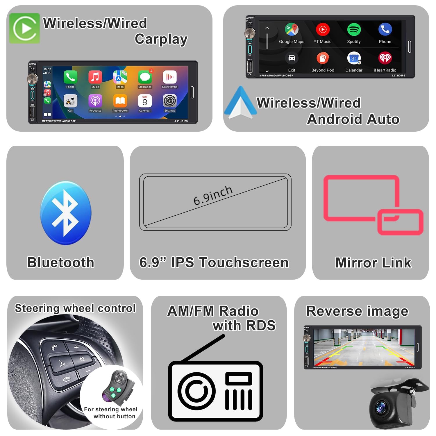 Alondy Single Din Car Touchscreen Radio (6.9-inch) Compatible with 6.9″