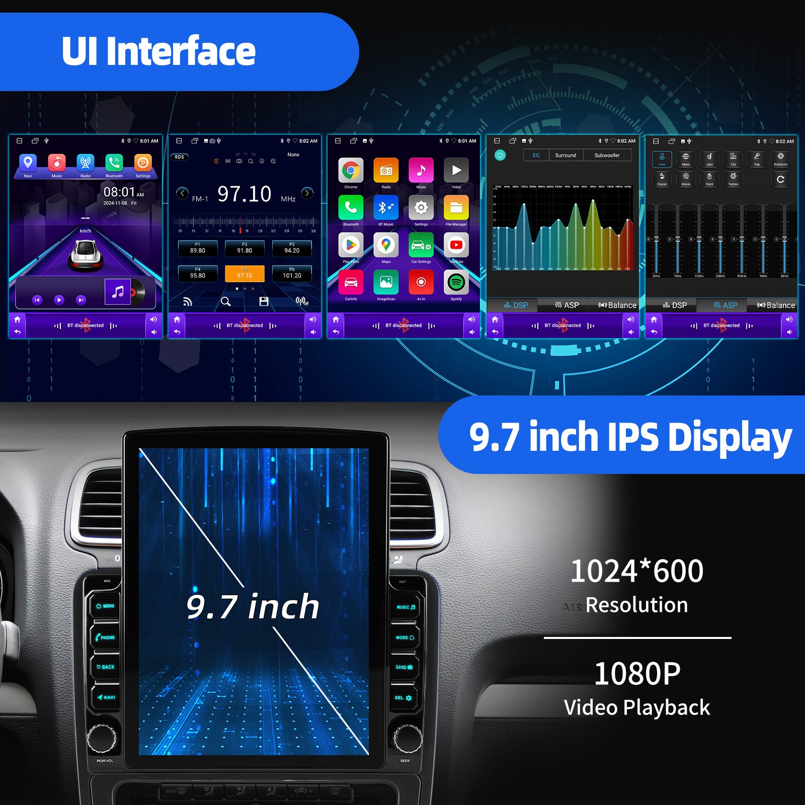 Android 15 Double Din 9.7″ Car Stereo Apple CarPlay Auto Radio GPS Navi WiFi FM