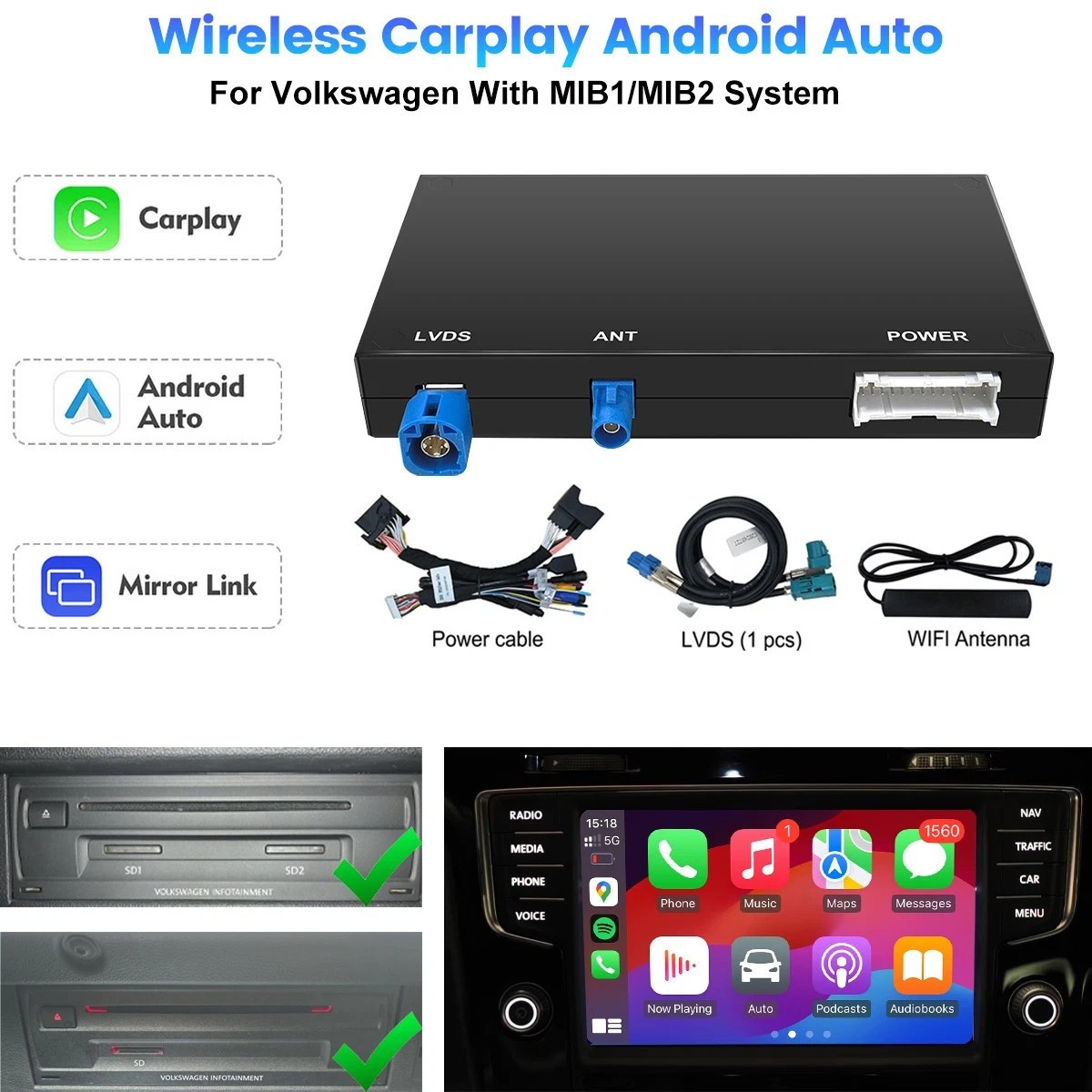 Wireless CarPlay Android Auto Retrofit Kit For Volkswagen With MIB1/MIB2 System