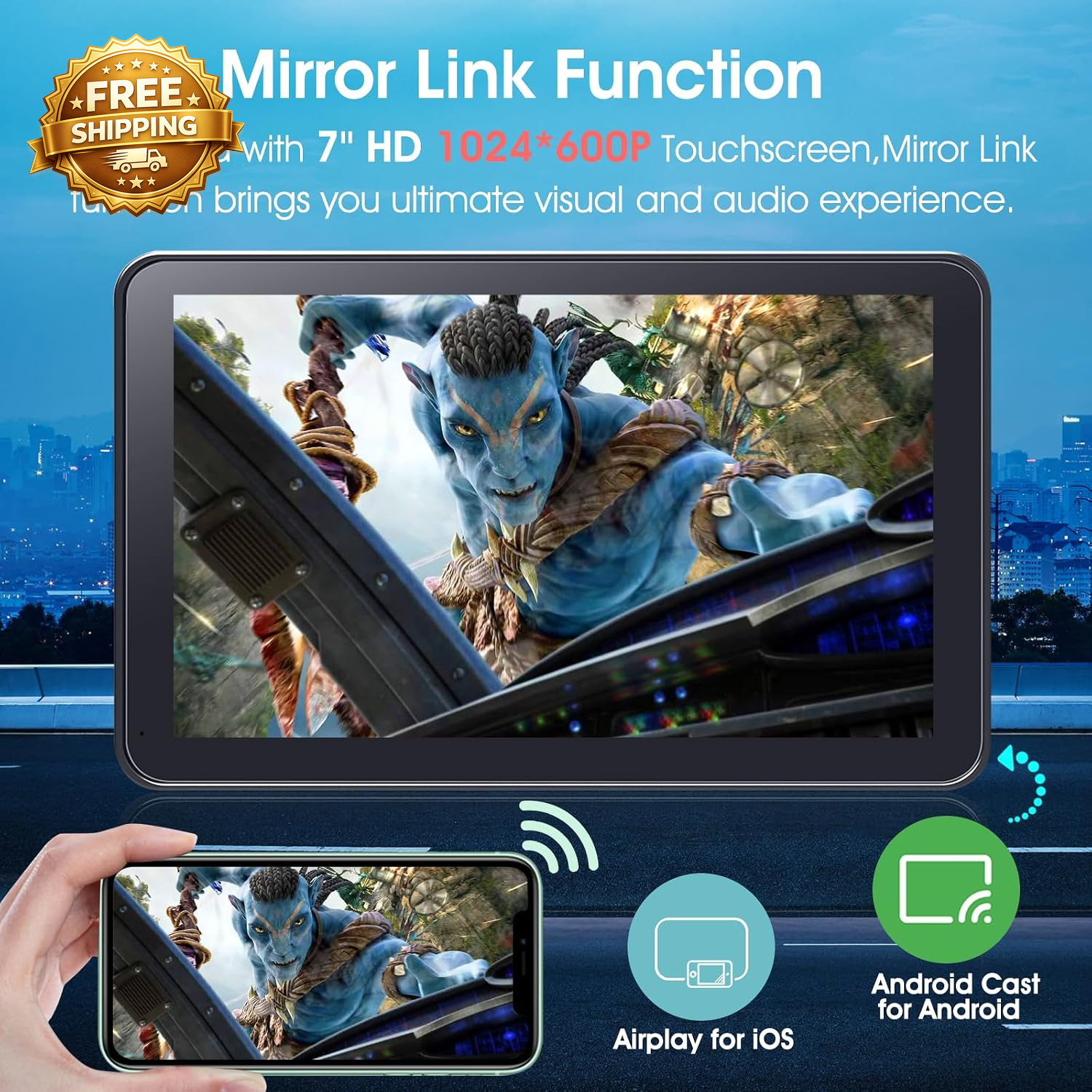 Wireless Screen for Car 7″ Portable Stereo Touchscreen with Apple Android Auto