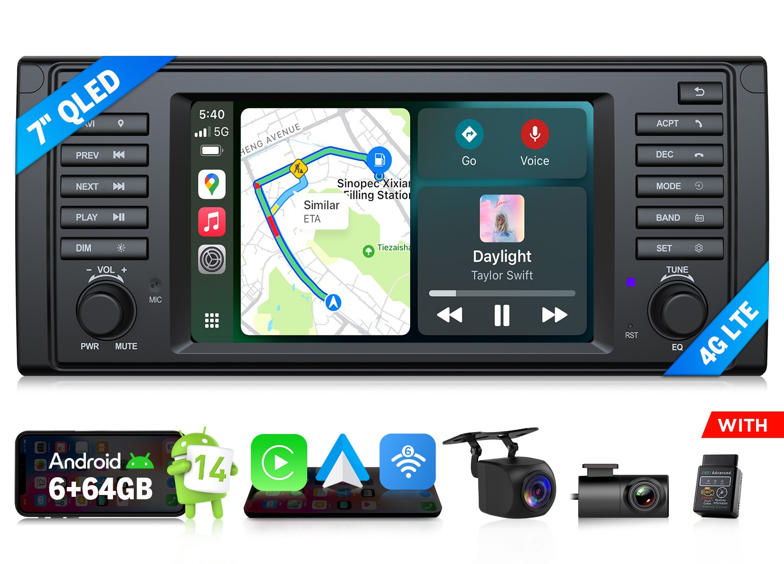 CAM+OBD+DVR+7″ 6+64 Android 14 GPS Car Stereo 4G for BMW E39 528i/530i 1995-2003