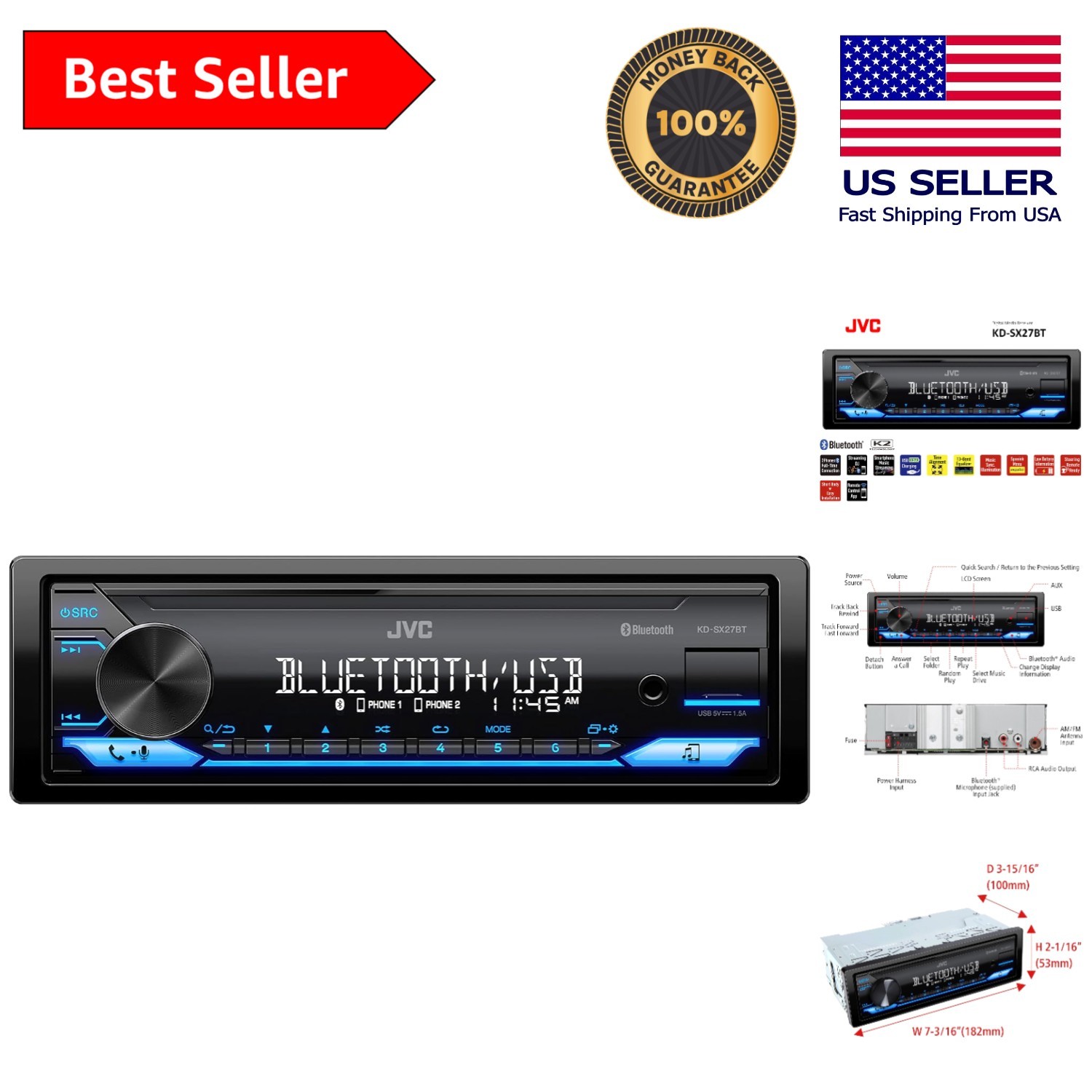 KD-SX27BT Bluetooth Car Stereo: 100W Digital Receiver with USB and App Control