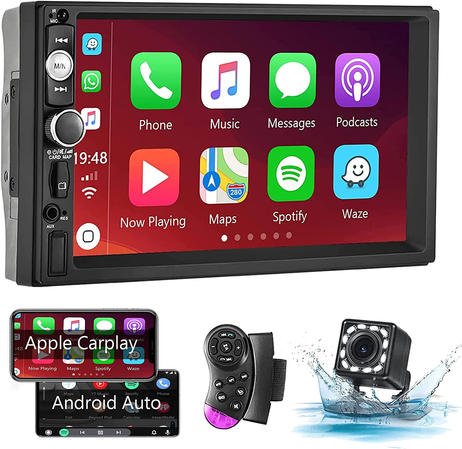 7″ Car Stereo 2DIN Radio Bluetooth Backup Camera Mirror with Car Play