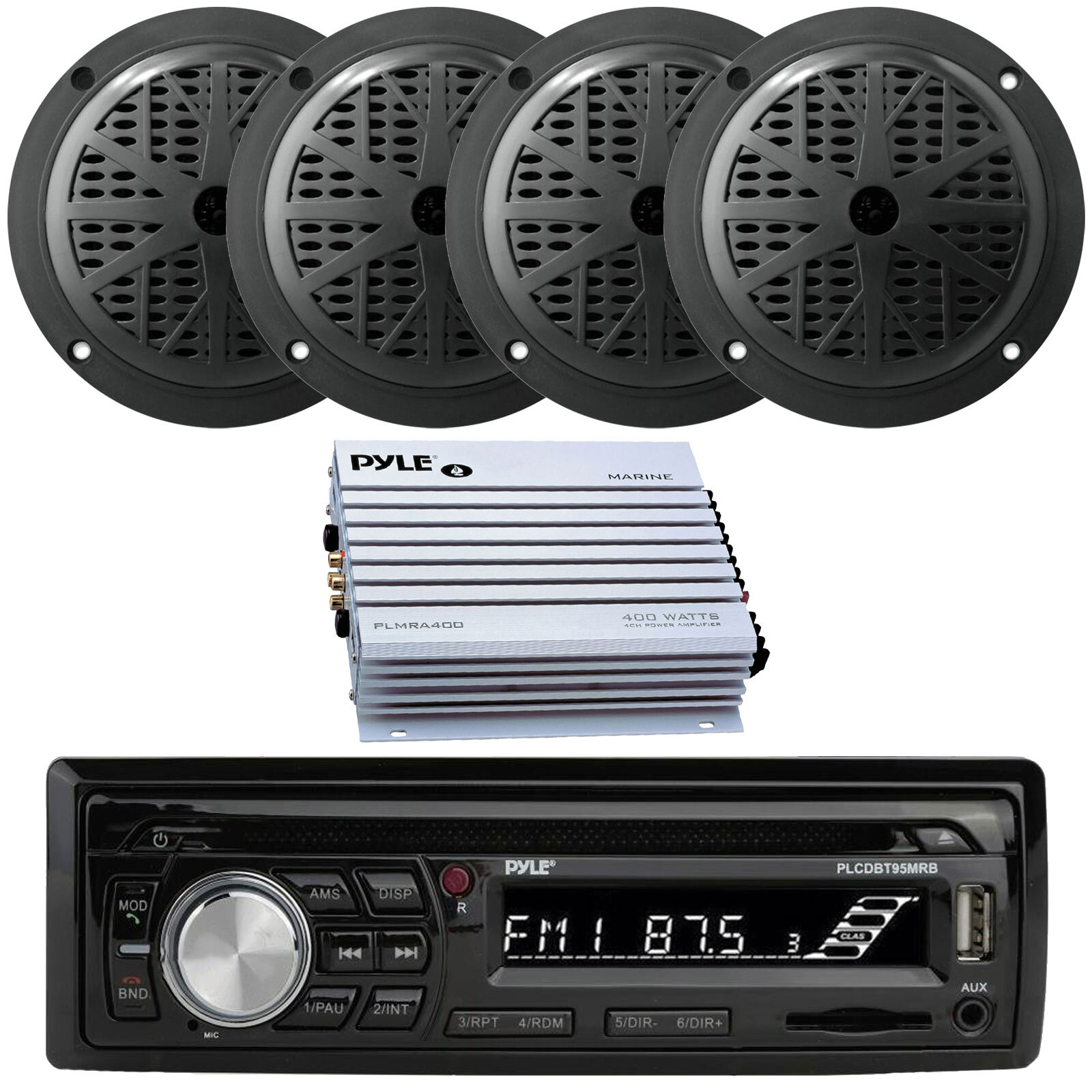Pyle PLCDBT95 Marine Boat Yacht Stereo Receiver, 4x 5.25″ Speaker, 4CH Amplifier