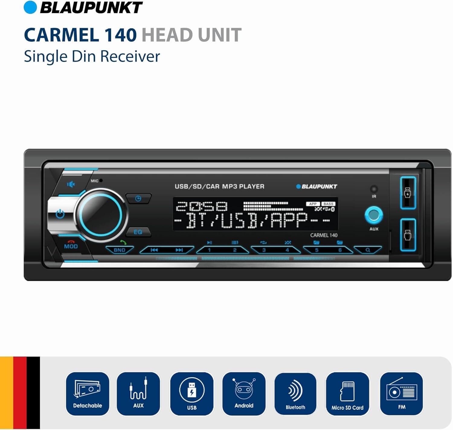 BLAUPUNKT Multimedia Car Stereo 1-DIN LCD Bluetooth Streaming MP3/USB/Aux AM/FM