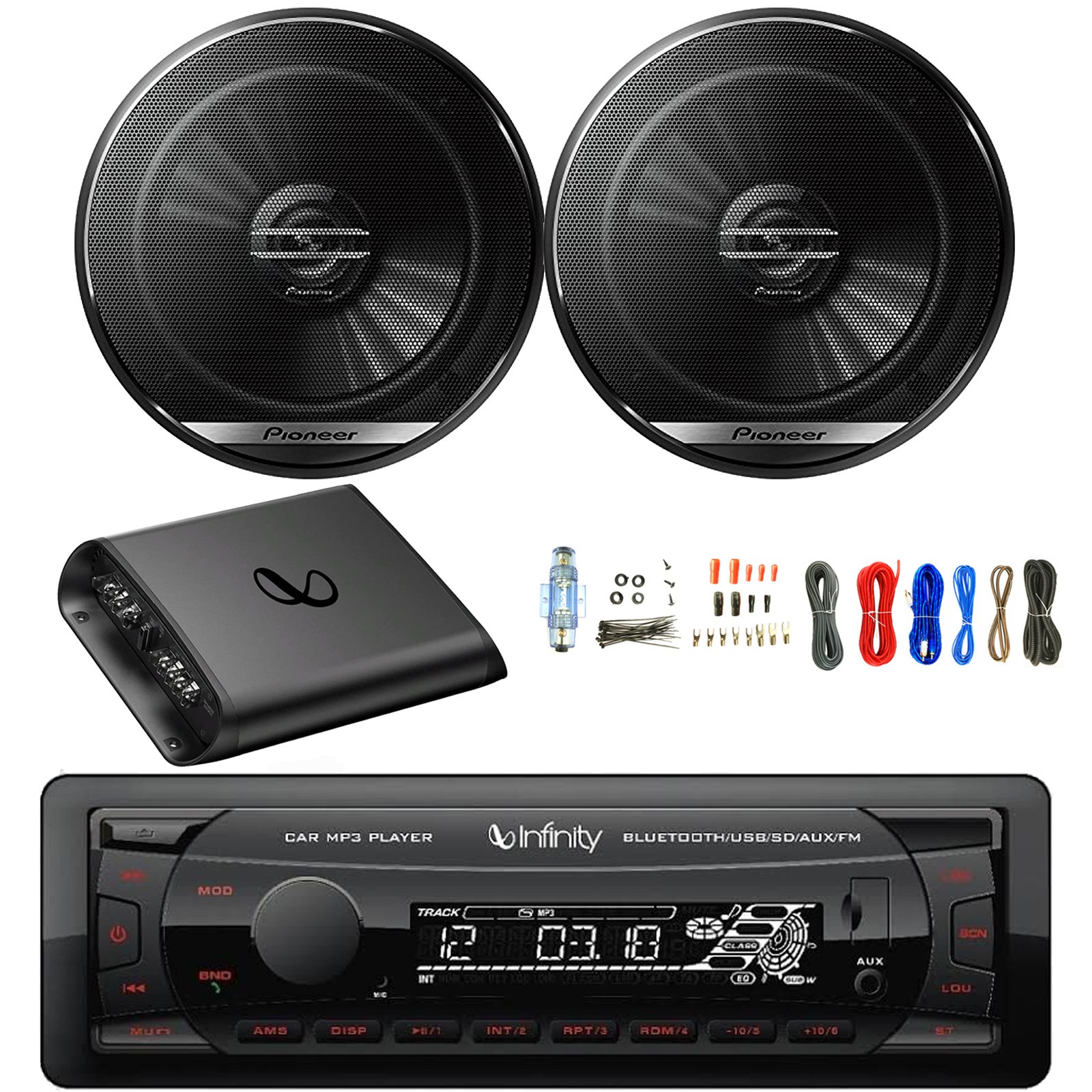 Infinity Single DIN Bluetooth MP3 Receiver, 2x 6.5″ 300W Speakers, Amp w/Kit