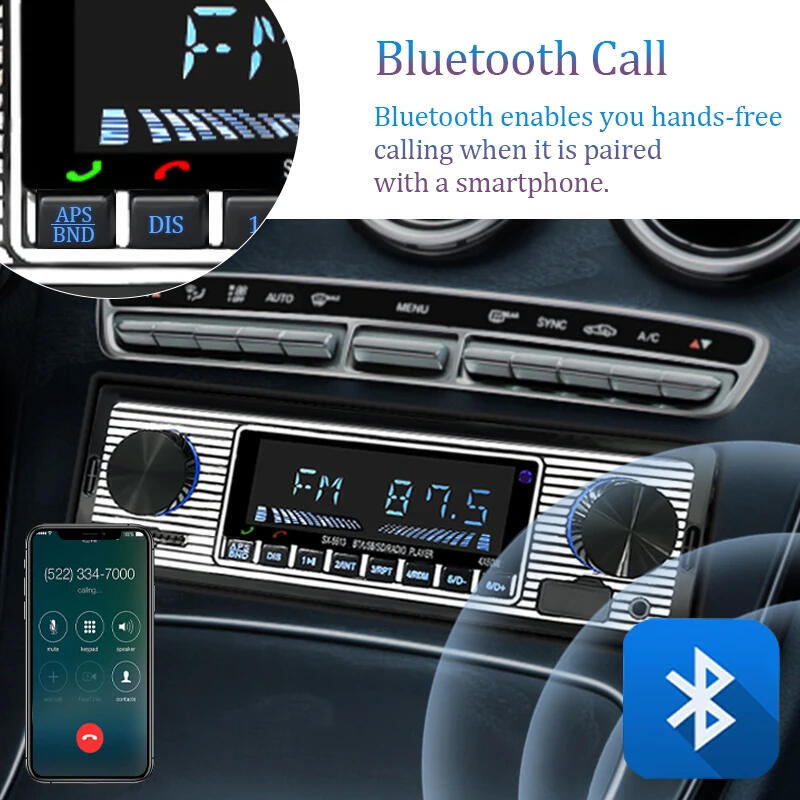 Bluetooth Car Vintage FM Radio MP3 Player USB Classic Stereo Audio Receiver AUX