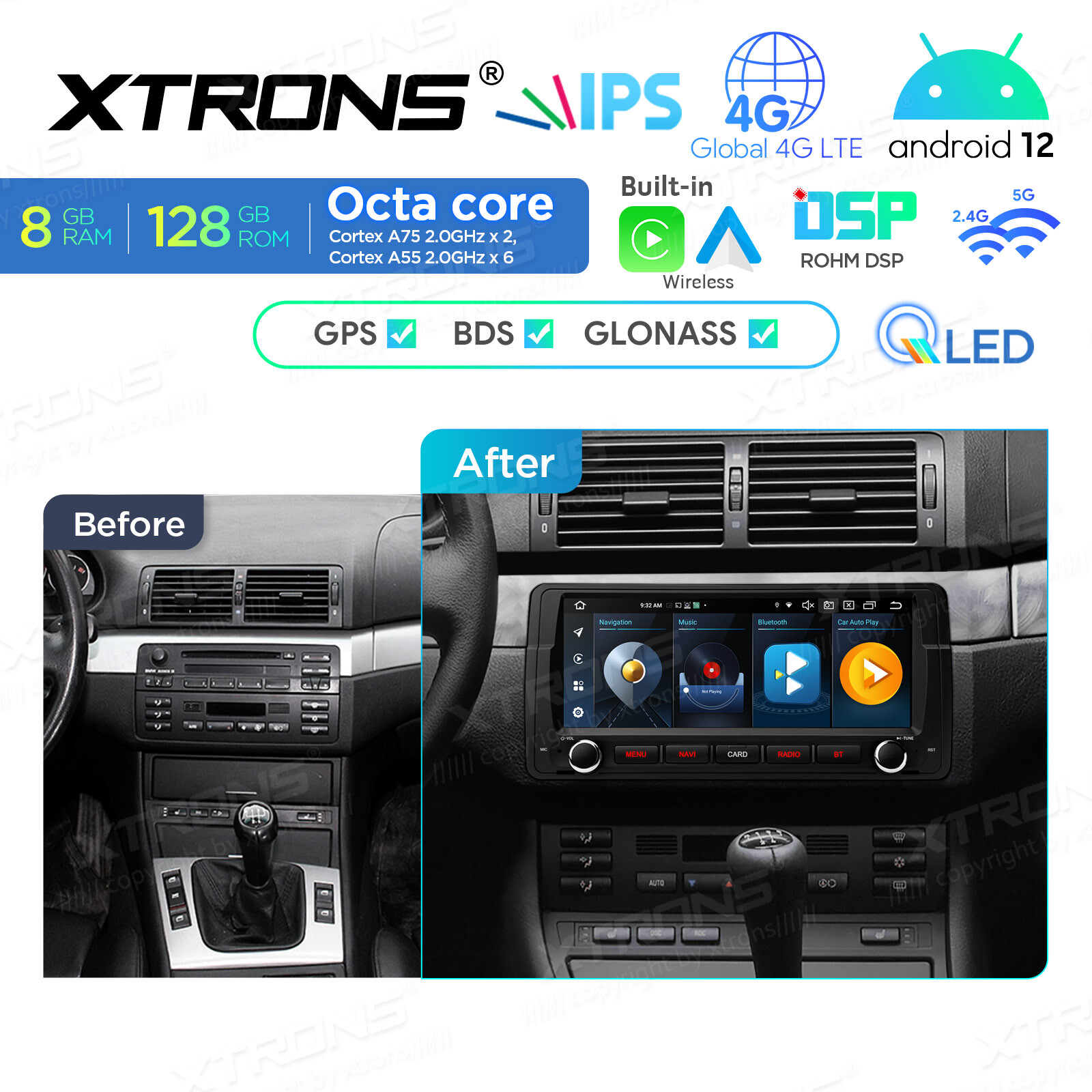QLED 8.8″ Android 12 Car Play Stereo Radio Navi 128GB Octa Core WiFi For BMW E46