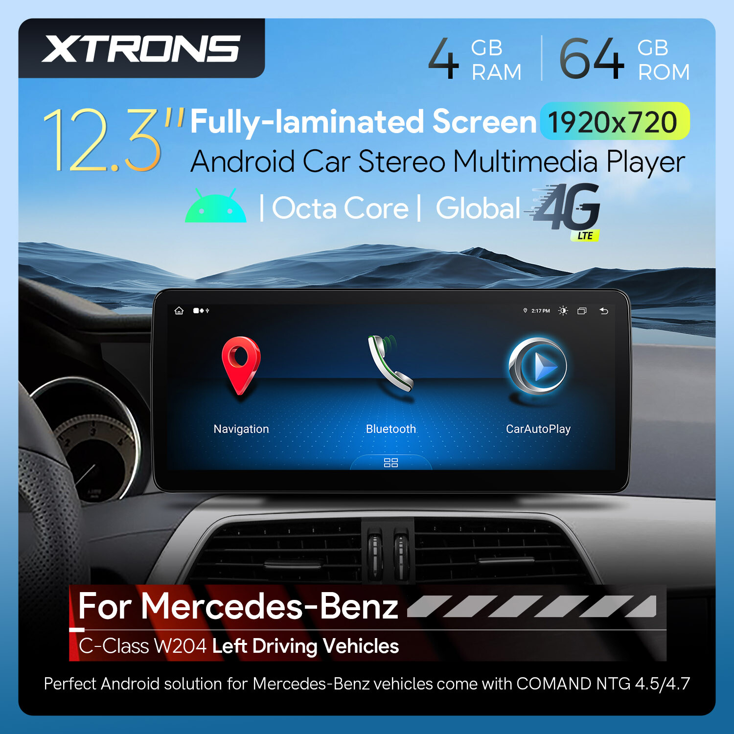 CarPlay 12.3″ IPS Android 13 8-Core 64G Car Stereo GPS Nav For Benz C-Class W204